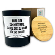 Duftkerze mit Spruch – Alles Gute zum Muttertag. Danke, dass du immer für uns da bist! – Geschenk für Mama, Muttertag, handgemachte Sojakerze im Glas, nachhaltig, optional mit personalisiertem Bambusdeckel