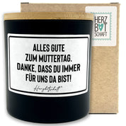 Duftkerze mit Spruch – Alles Gute zum Muttertag. Danke, dass du immer für uns da bist! – Geschenk für Mama, Muttertag, handgemachte Sojakerze im Glas, nachhaltig, optional mit personalisiertem Bambusdeckel