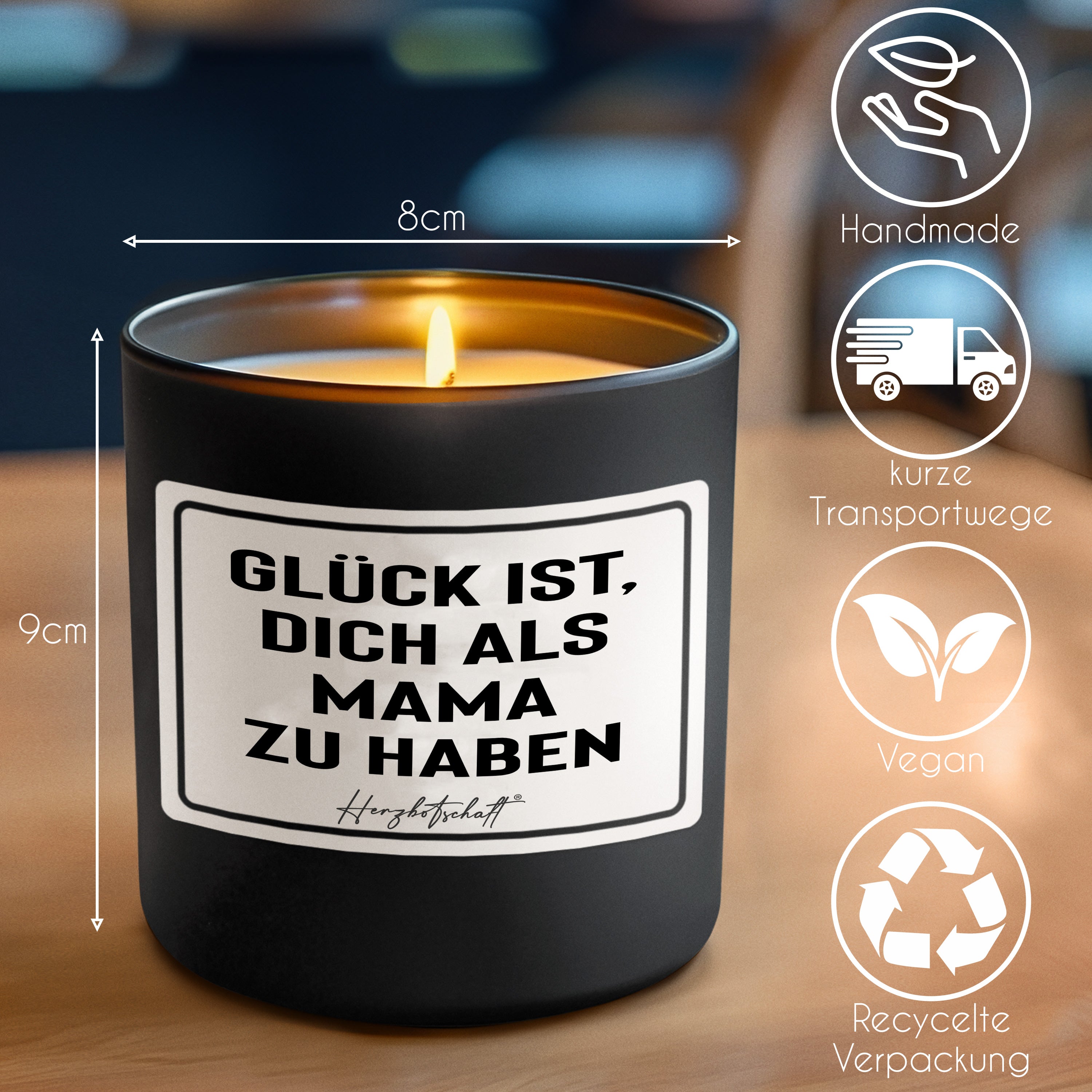 Duftkerze mit Spruch – Glück ist, dich als Mama zu haben – Geschenk für Mama, Muttertag, handgemachte Sojakerze im Glas, nachhaltig, optional mit personalisiertem Bambusdeckel