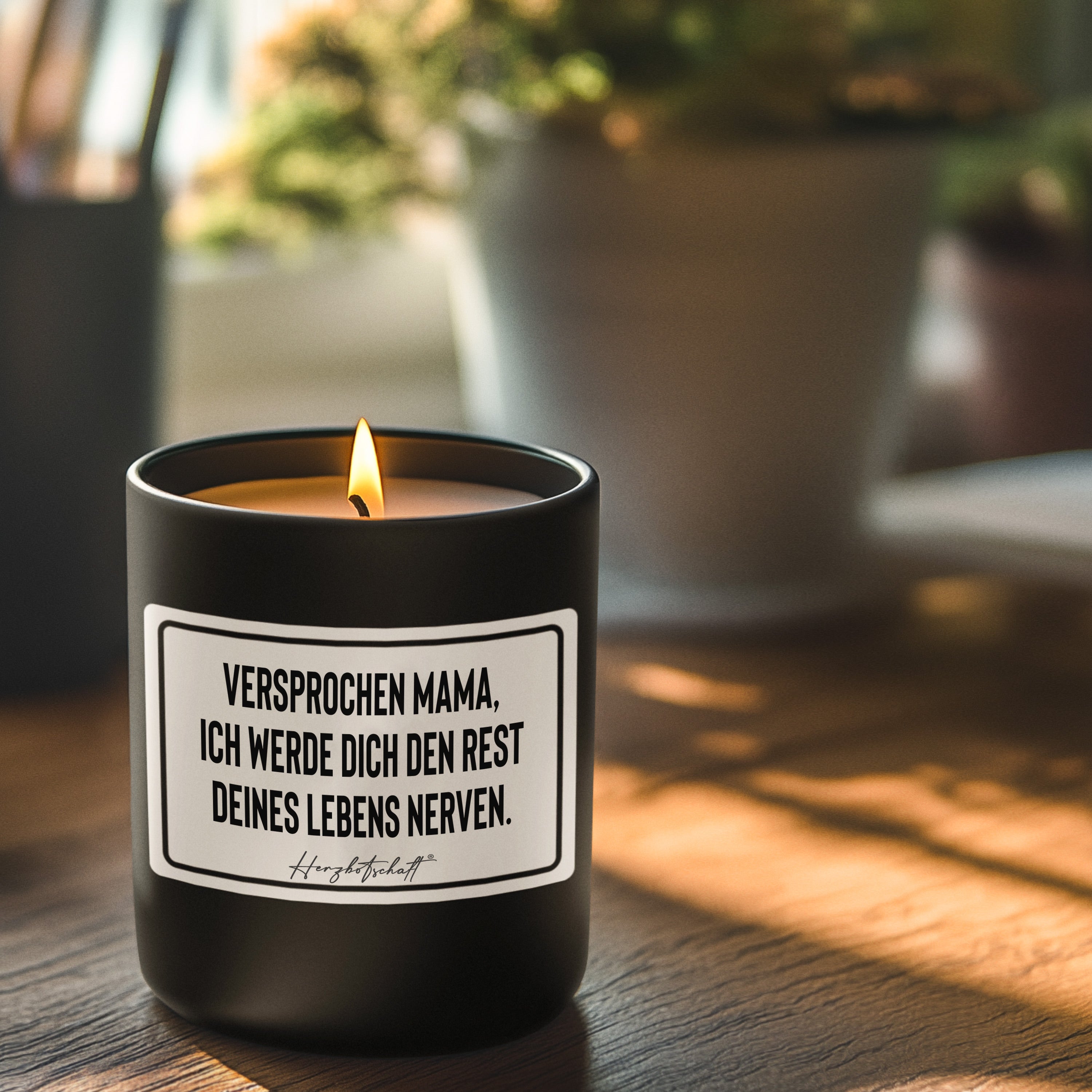 Duftkerze mit Spruch – Versprochen Mama, ich werde dich den Rest deines Lebens nerven. – Geschenk für Mama, Muttertag, handgemachte Sojakerze im Glas, nachhaltig, optional mit personalisiertem Bambusdeckel