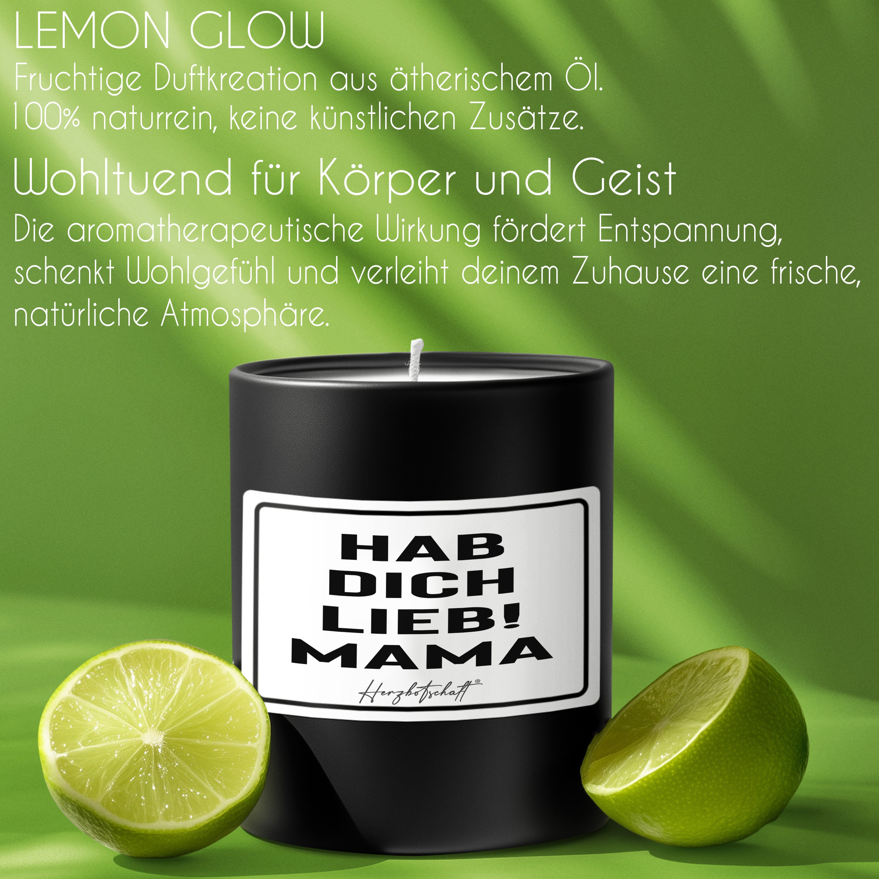 Duftkerze mit Spruch – Hab dich lieb! Mama – Geschenk für Mama, Muttertag, handgemachte Sojakerze im Glas, nachhaltig, optional mit personalisiertem Bambusdeckel