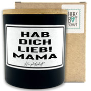 Duftkerze mit Spruch – Hab dich lieb! Mama – Geschenk für Mama, Muttertag, handgemachte Sojakerze im Glas, nachhaltig, optional mit personalisiertem Bambusdeckel