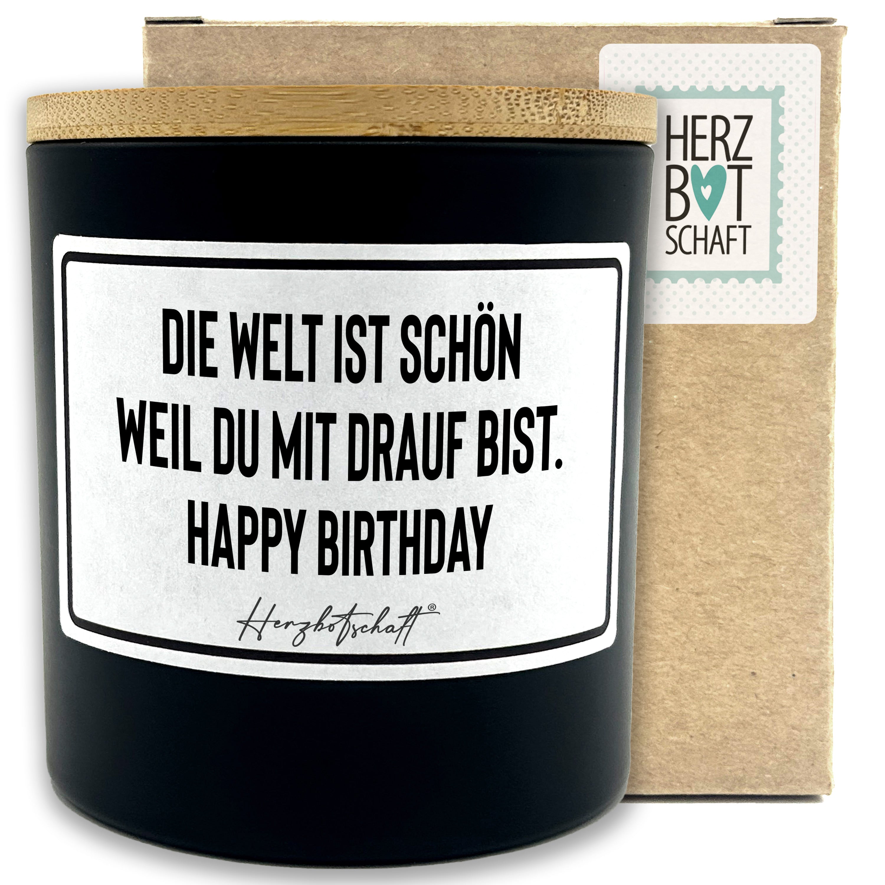 Duftkerze mit Spruch – Die Welt ist schön weil du mit drauf bist. Happy Birthday – originelles Geschenk, handgemachte Sojakerze im Glas, nachhaltig, optional mit personalisiertem Bambusdeckel