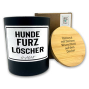 Duftkerze mit Spruch – Hundefurzlöscher – originelles Geschenk, handgemachte Sojakerze im Glas, nachhaltig, optional mit personalisiertem Bambusdeckel