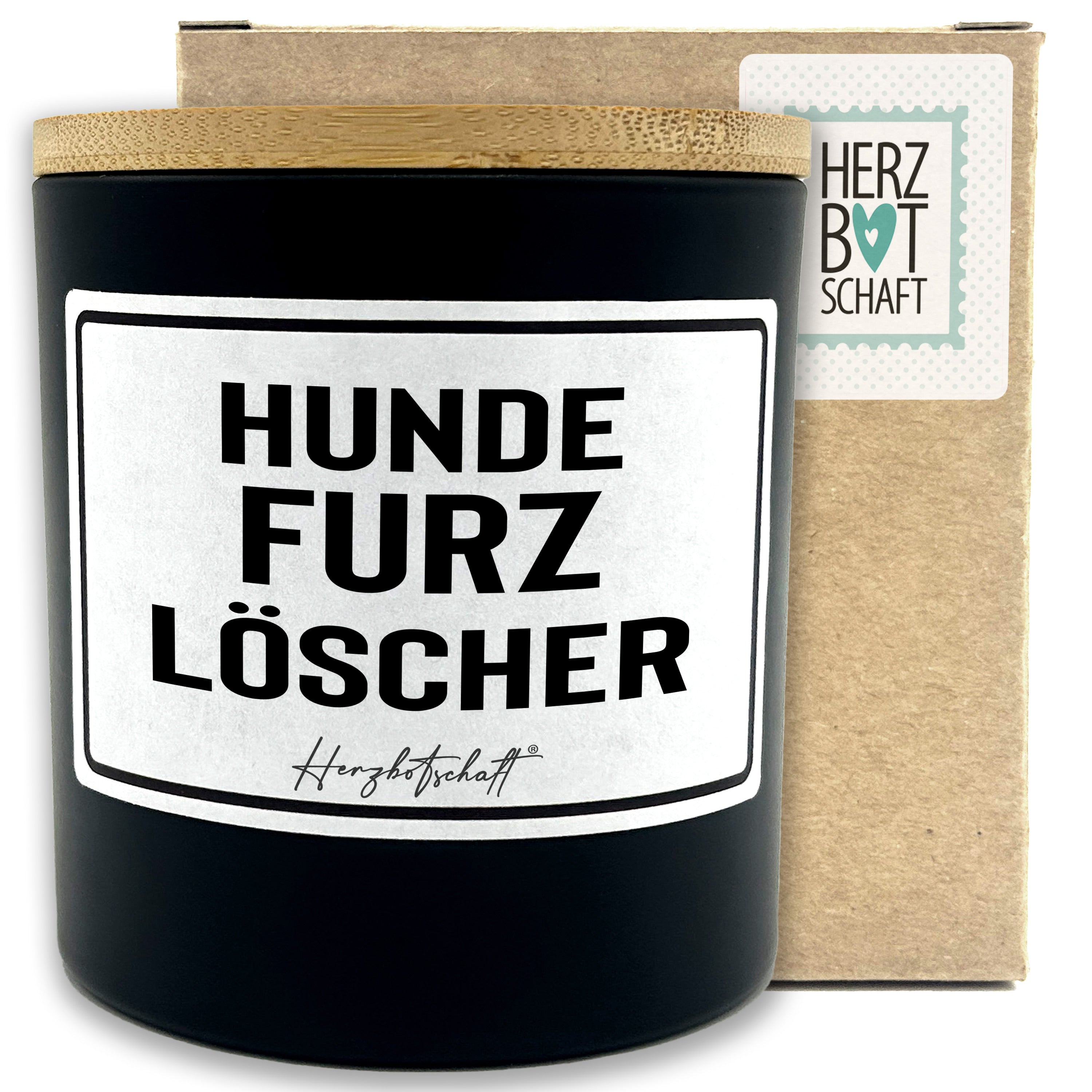 Duftkerze mit Spruch – Hundefurzlöscher – originelles Geschenk, handgemachte Sojakerze im Glas, nachhaltig, optional mit personalisiertem Bambusdeckel