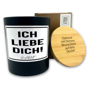 Duftkerze mit Spruch – Ich liebe dich! – originelles Geschenk, handgemachte Sojakerze im Glas, nachhaltig, optional mit personalisiertem Bambusdeckel