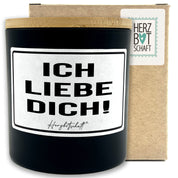 Duftkerze mit Spruch – Ich liebe dich! – originelles Geschenk, handgemachte Sojakerze im Glas, nachhaltig, optional mit personalisiertem Bambusdeckel
