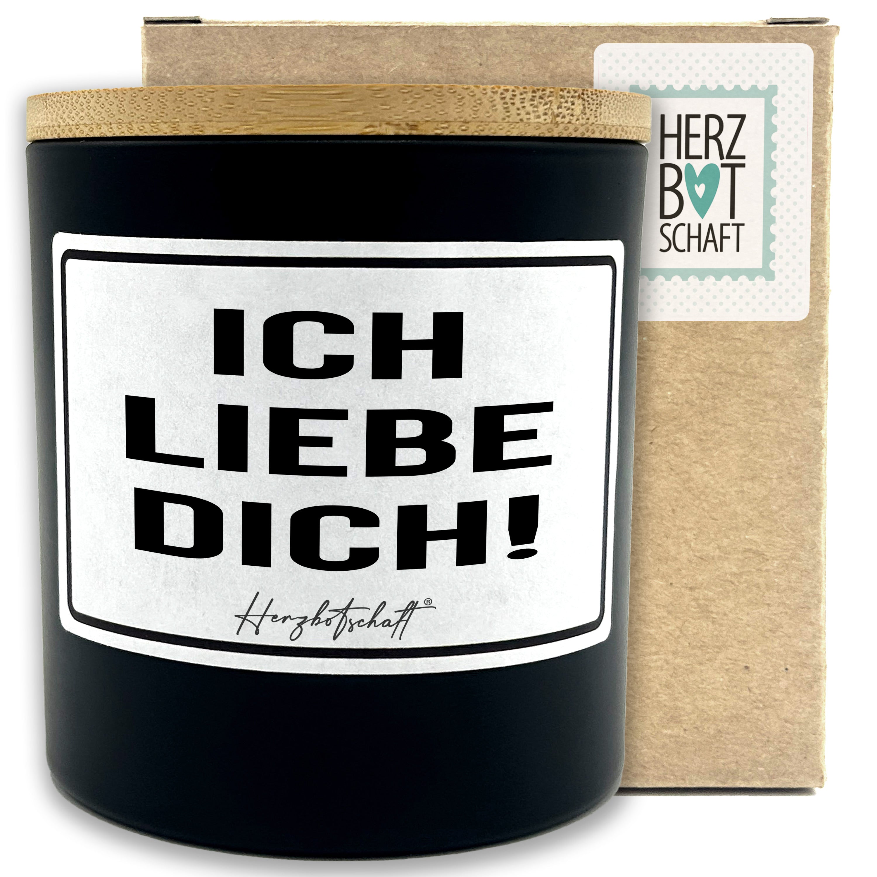 Duftkerze mit Spruch – Ich liebe dich! – originelles Geschenk, handgemachte Sojakerze im Glas, nachhaltig, optional mit personalisiertem Bambusdeckel