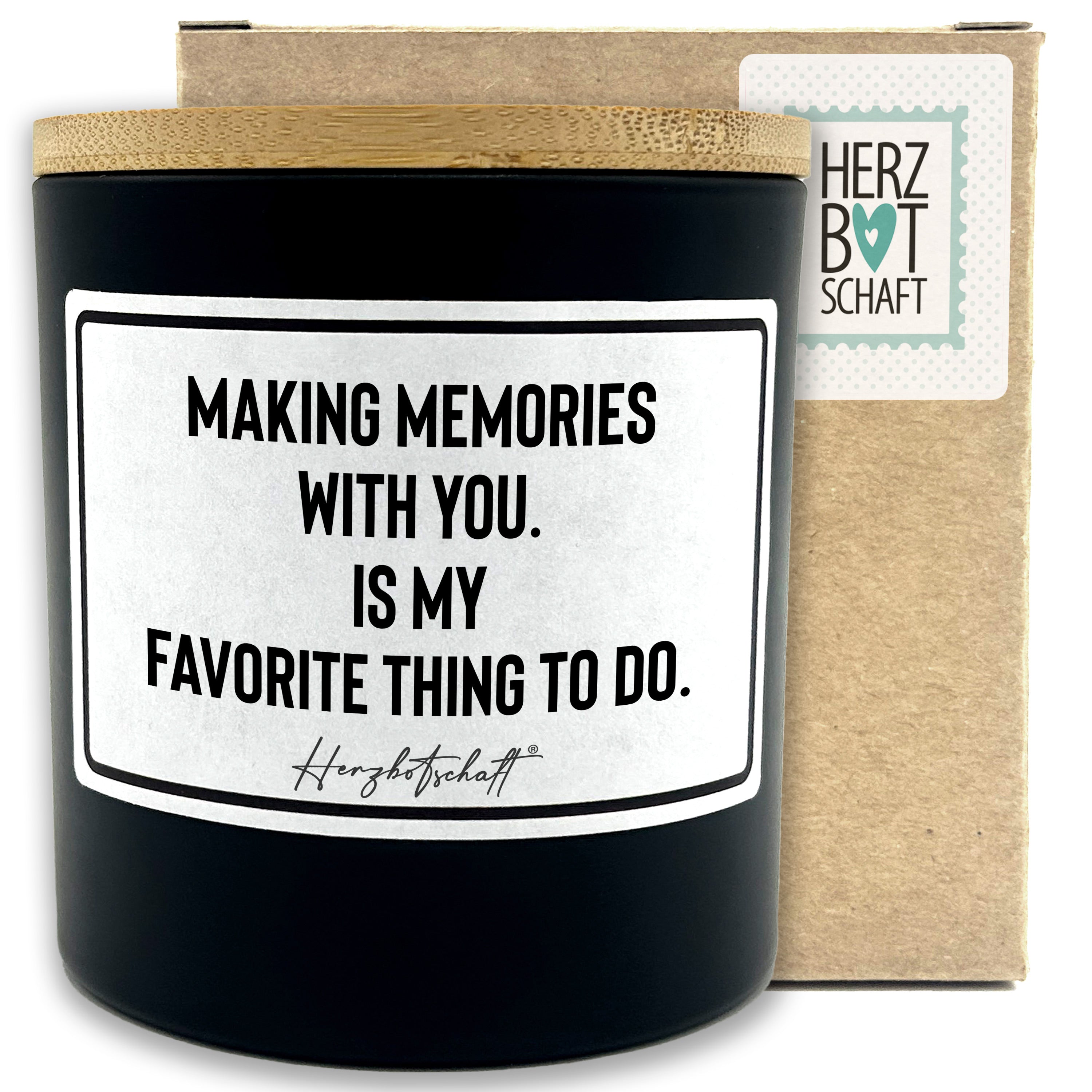 Duftkerze mit Spruch – Making memories with you. Is my favorite thing to do. – originelles Geschenk, handgemachte Sojakerze im Glas, nachhaltig, optional mit personalisiertem Bambusdeckel