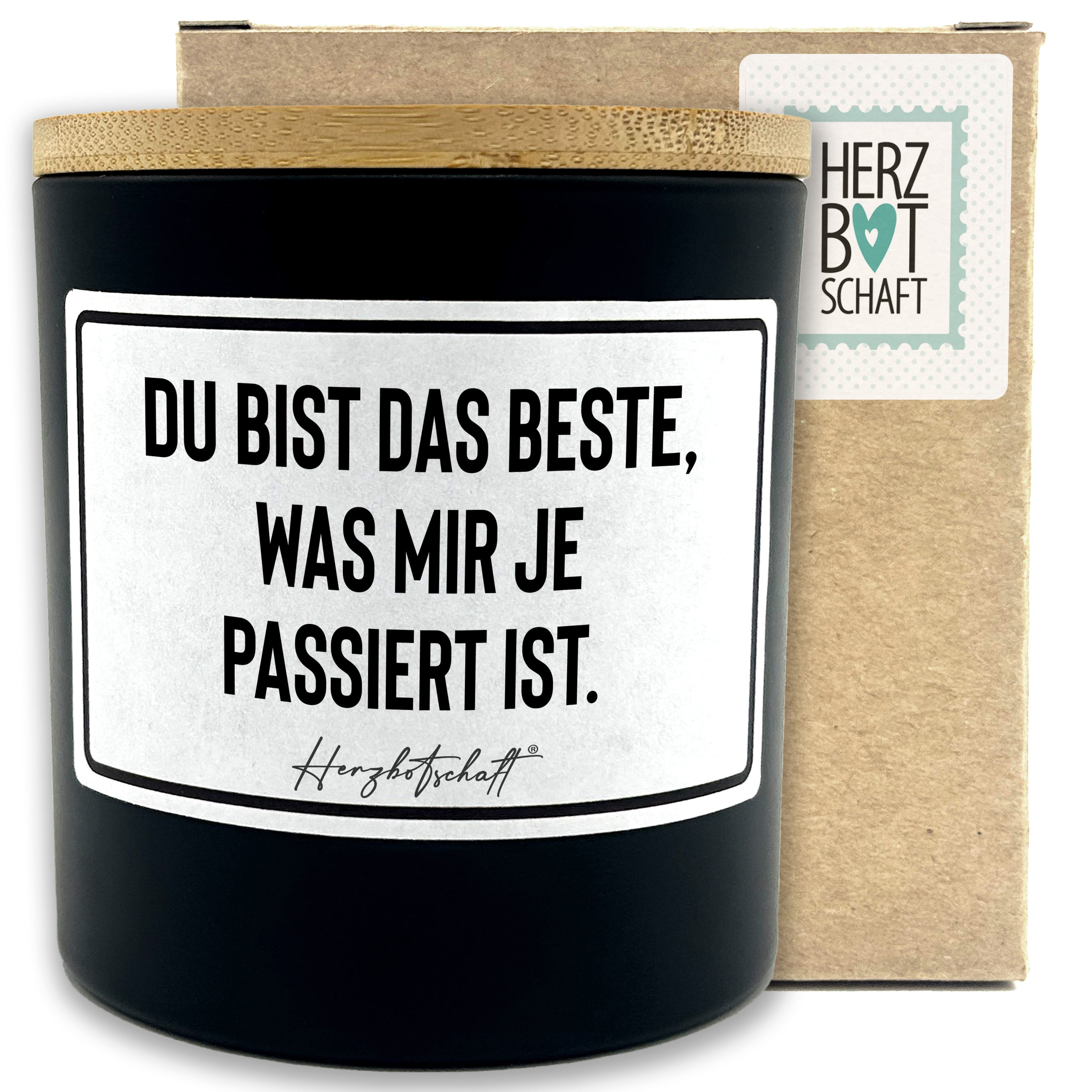 Duftkerze mit Spruch – Du bist das Beste, was mir je passiert ist. – originelles Geschenk, handgemachte Sojakerze im Glas, nachhaltig, optional mit personalisiertem Bambusdeckel