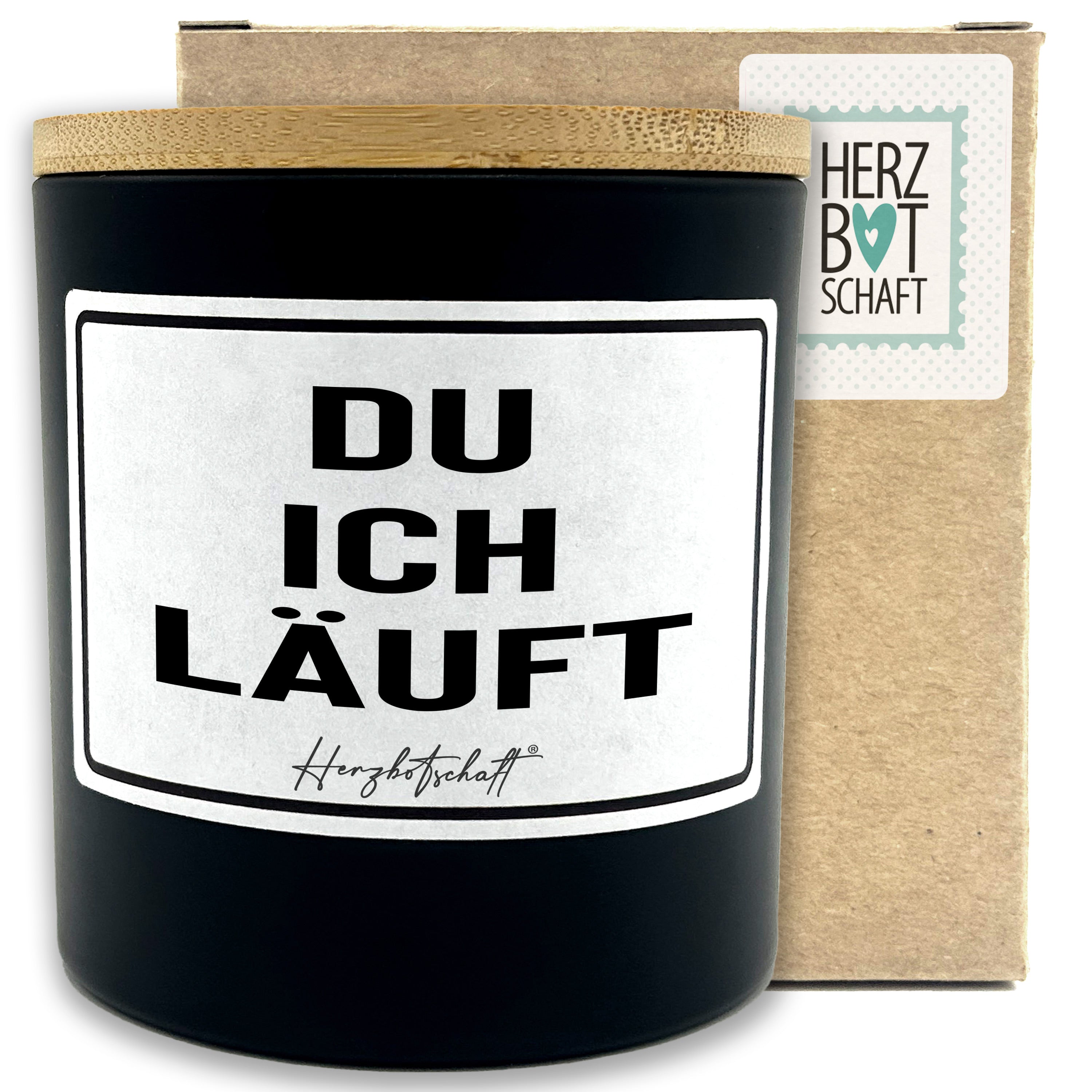 Duftkerze mit Spruch – Du Ich Läuft – originelles Geschenk, handgemachte Sojakerze im Glas, nachhaltig, optional mit personalisiertem Bambusdeckel