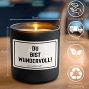 Duftkerze mit Spruch – Du bist wundervoll! – originelles Geschenk, handgemachte Sojakerze im Glas, nachhaltig, optional mit personalisiertem Bambusdeckel