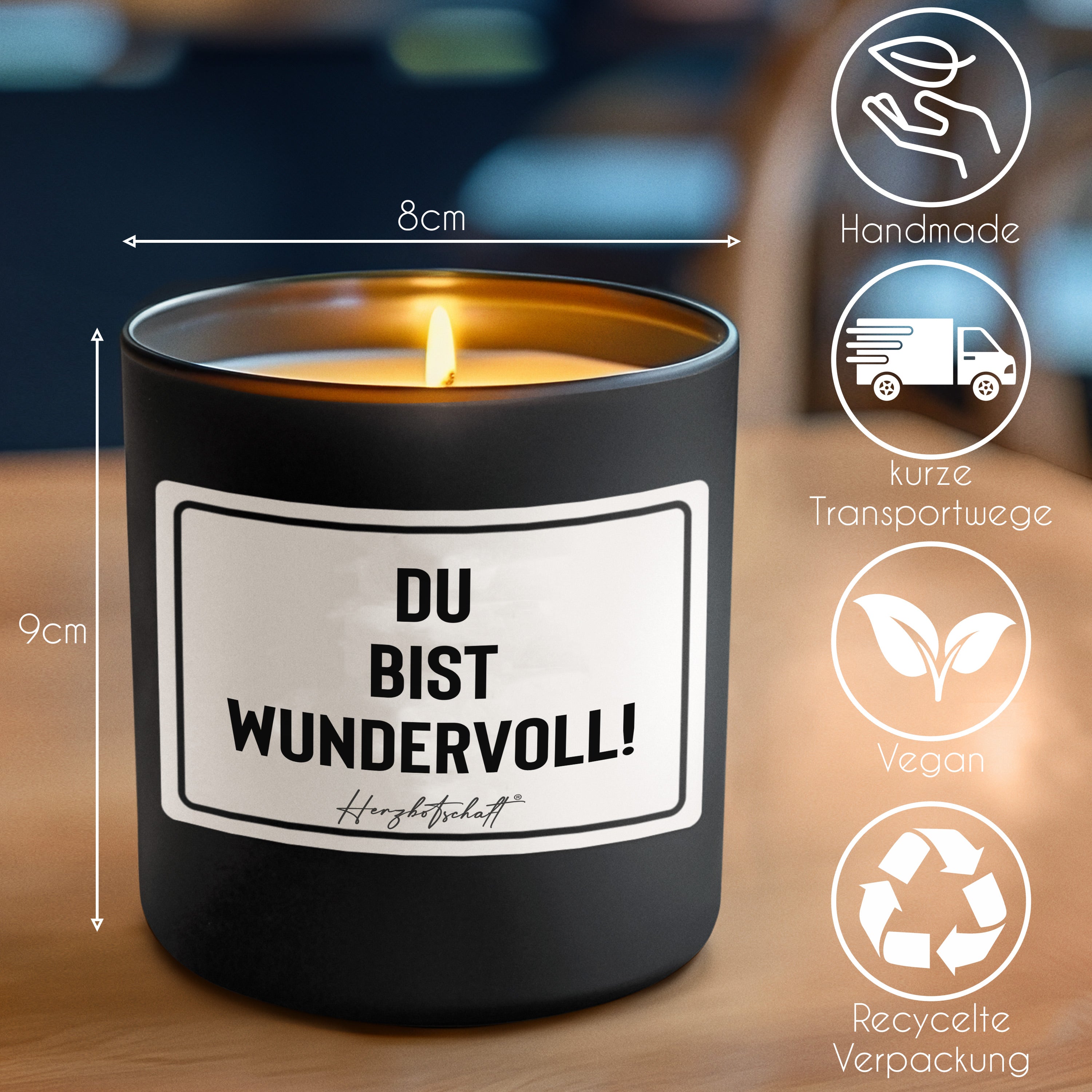 Duftkerze mit Spruch – Du bist wundervoll! – originelles Geschenk, handgemachte Sojakerze im Glas, nachhaltig, optional mit personalisiertem Bambusdeckel