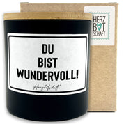 Duftkerze mit Spruch – Du bist wundervoll! – originelles Geschenk, handgemachte Sojakerze im Glas, nachhaltig, optional mit personalisiertem Bambusdeckel