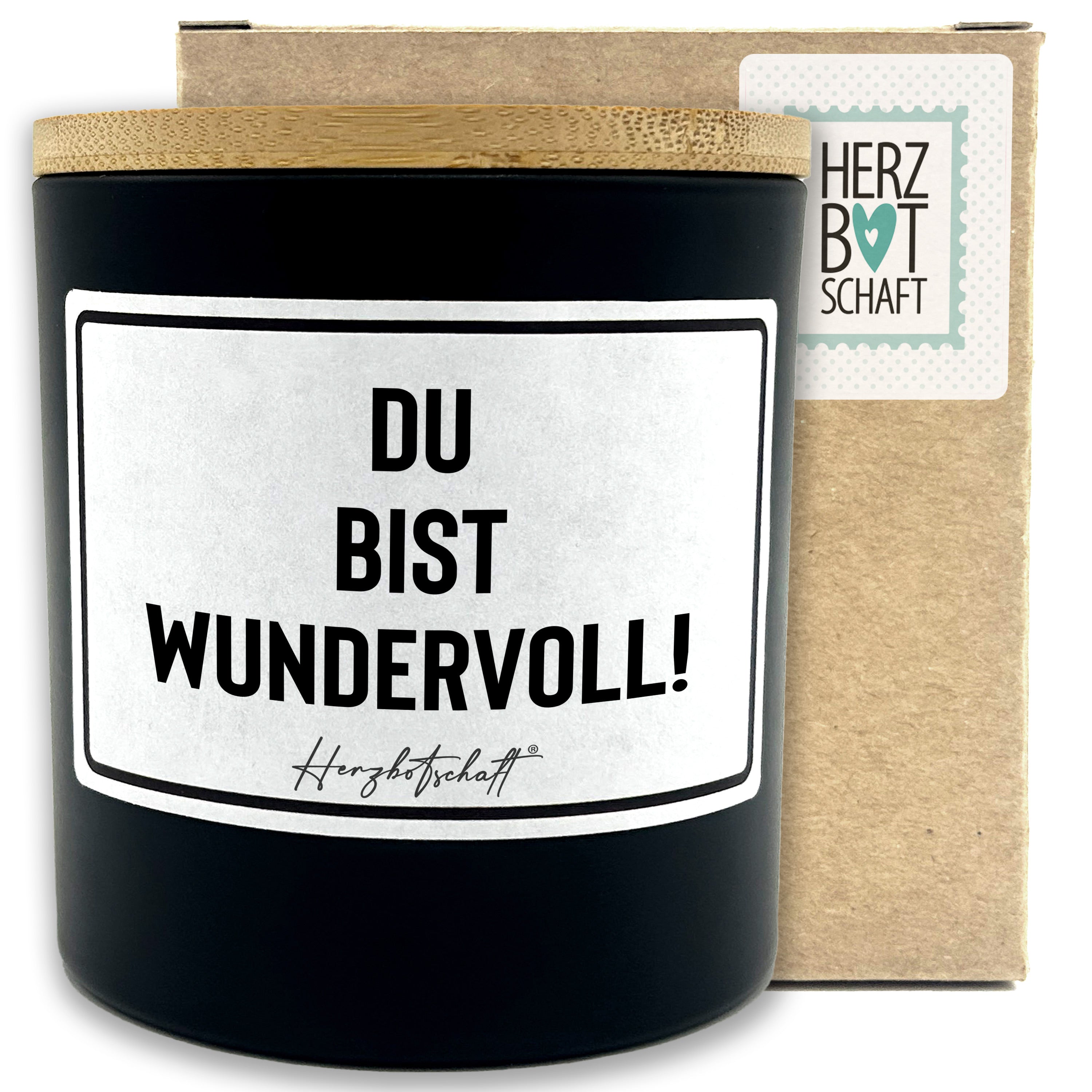 Duftkerze mit Spruch – Du bist wundervoll! – originelles Geschenk, handgemachte Sojakerze im Glas, nachhaltig, optional mit personalisiertem Bambusdeckel