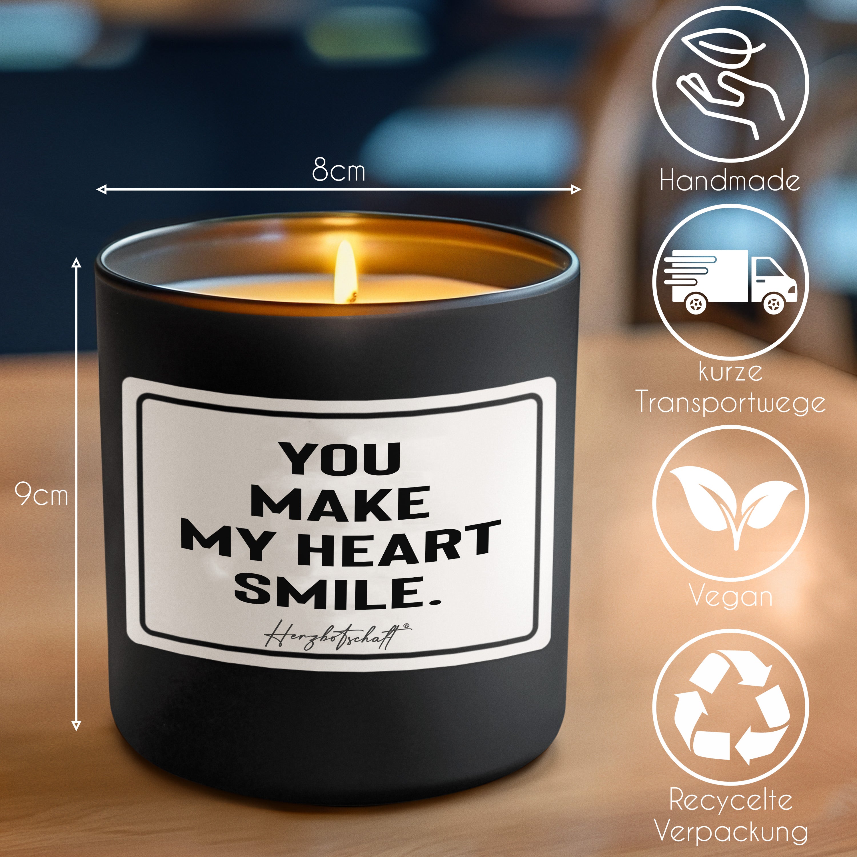 Duftkerze mit Spruch – You make my heart smile. – liebevolles Geschenk, handgemachte Sojakerze im Glas, nachhaltig, optional mit personalisiertem Bambusdeckel