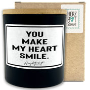 Duftkerze mit Spruch – You make my heart smile. – liebevolles Geschenk, handgemachte Sojakerze im Glas, nachhaltig, optional mit personalisiertem Bambusdeckel