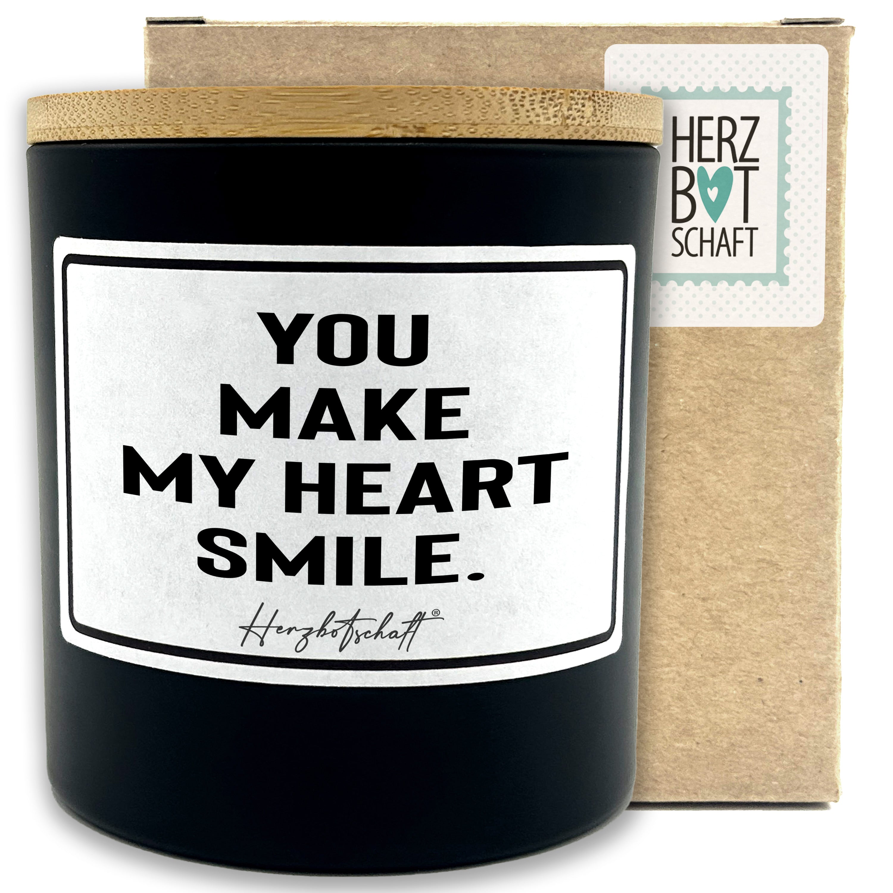 Duftkerze mit Spruch – You make my heart smile. – liebevolles Geschenk, handgemachte Sojakerze im Glas, nachhaltig, optional mit personalisiertem Bambusdeckel