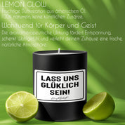 Duftkerze mit Spruch – Lass uns glüklich sein! – liebevolles Geschenk, handgemachte Sojakerze im Glas, nachhaltig, optional mit personalisiertem Bambusdeckel