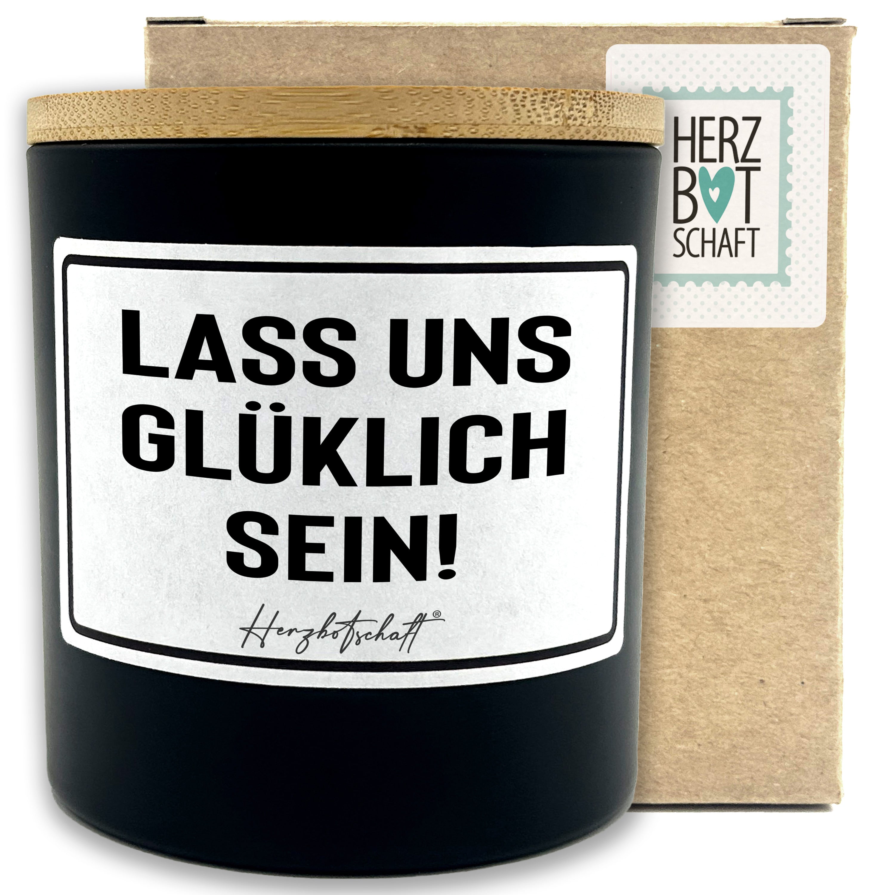 Duftkerze mit Spruch – Lass uns glüklich sein! – liebevolles Geschenk, handgemachte Sojakerze im Glas, nachhaltig, optional mit personalisiertem Bambusdeckel