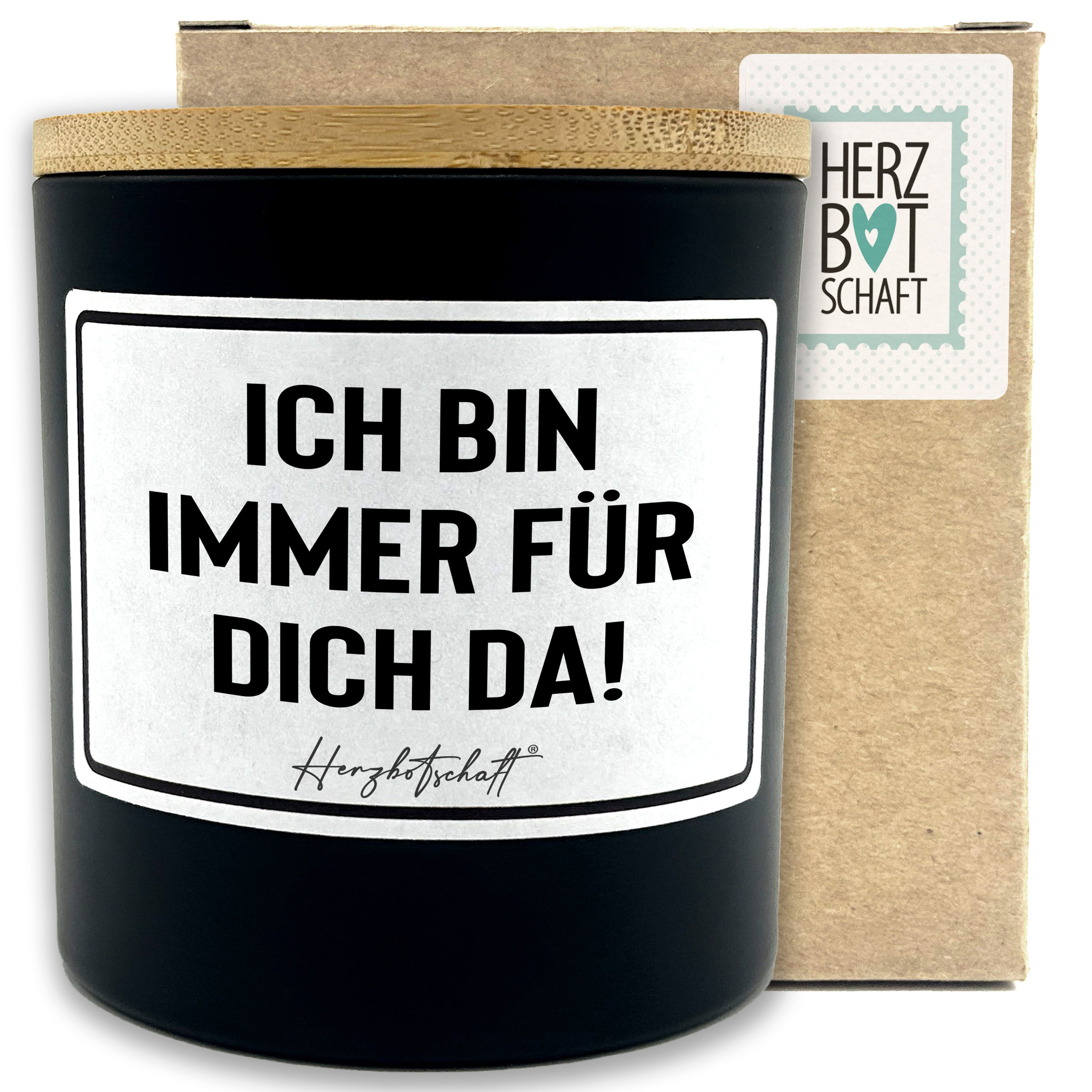Duftkerze mit Spruch – Ich bin immer für Dich da! – liebevolles Geschenk, handgemachte Sojakerze im Glas, nachhaltig, optional mit personalisiertem Bambusdeckel