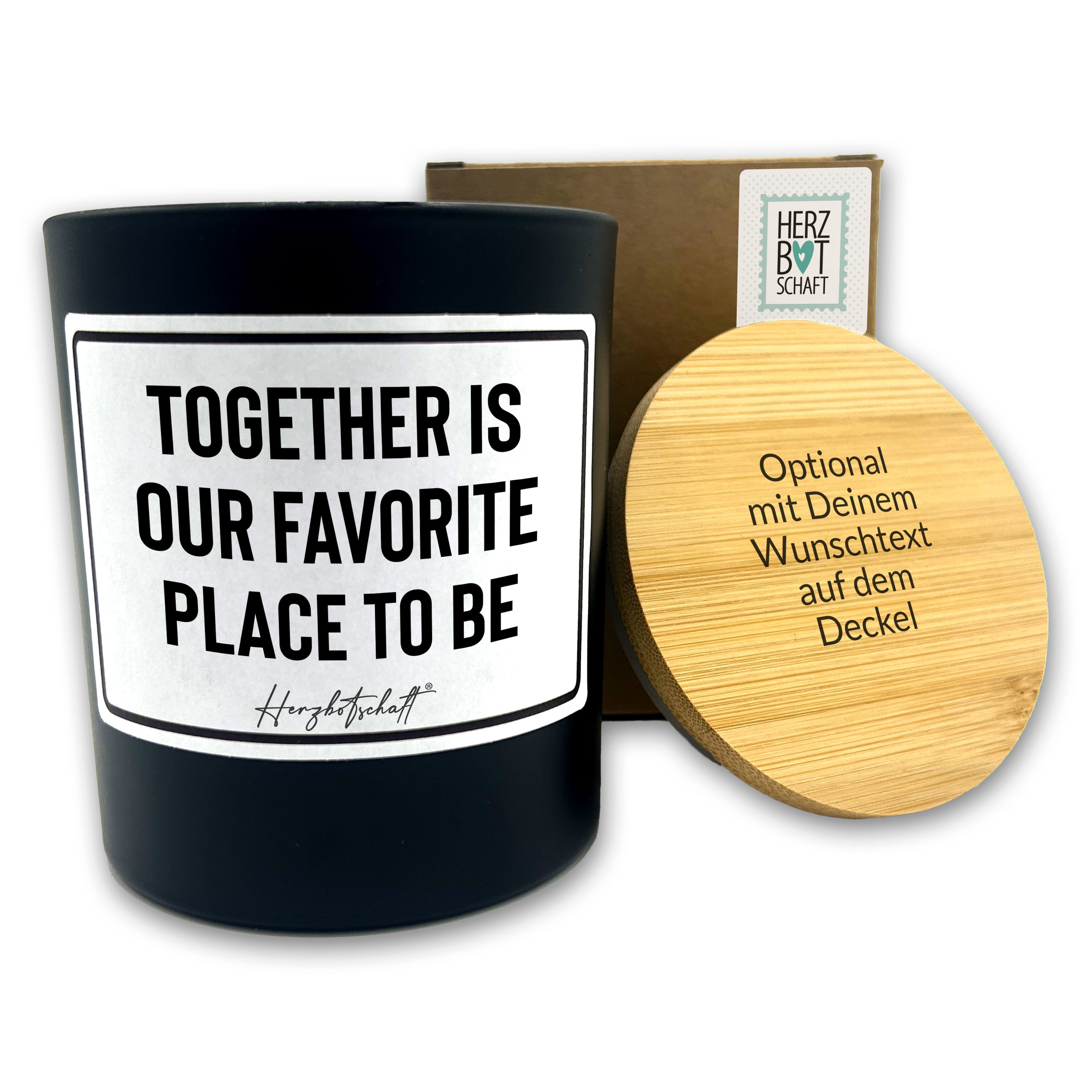 Duftkerze mit Spruch – together is our favorite place to be – liebevolles Geschenk, handgemachte Sojakerze im Glas, nachhaltig, optional mit personalisiertem Bambusdeckel