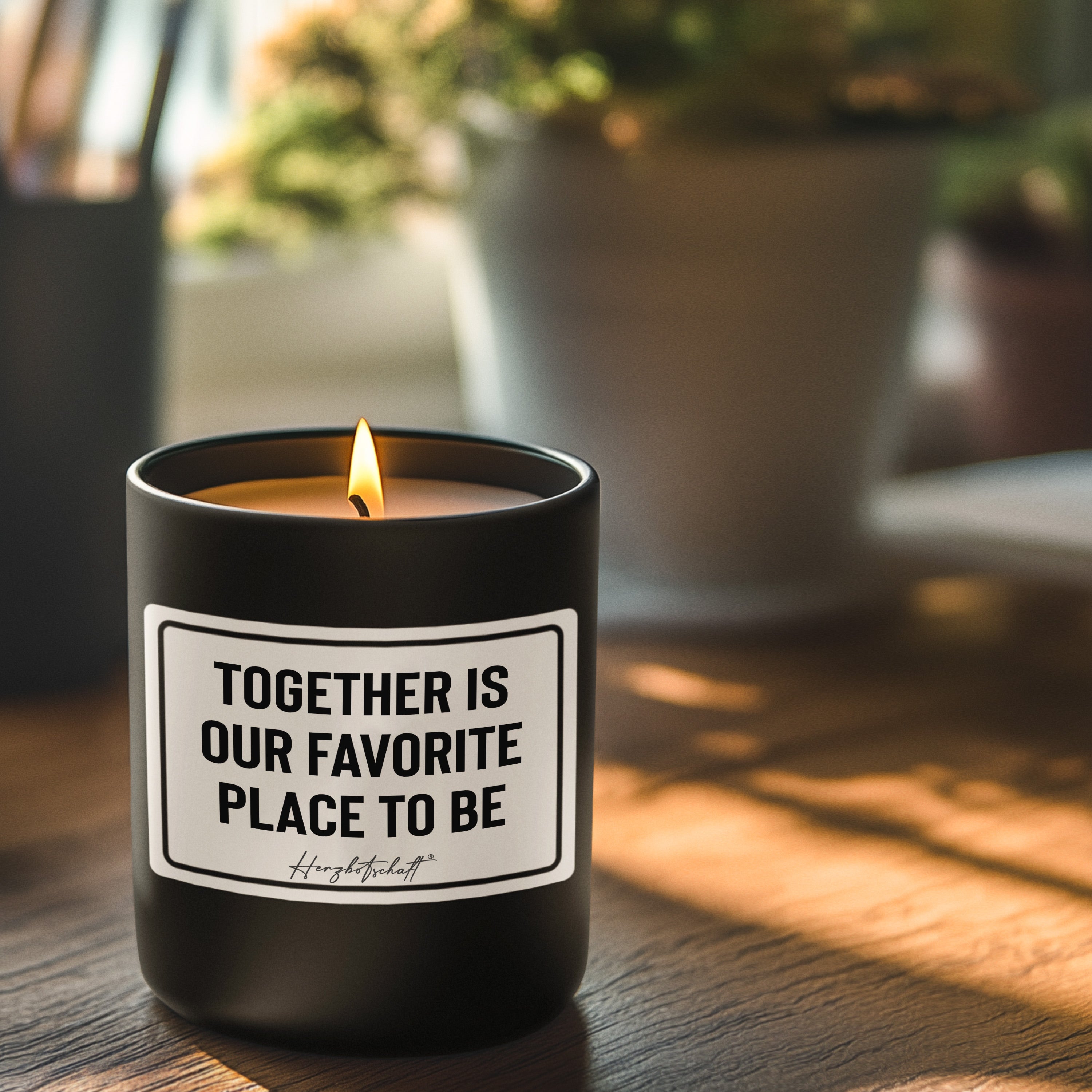 Duftkerze mit Spruch – together is our favorite place to be – liebevolles Geschenk, handgemachte Sojakerze im Glas, nachhaltig, optional mit personalisiertem Bambusdeckel