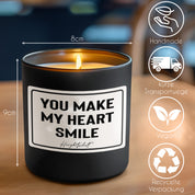 Duftkerze mit Spruch – You make my heart smile – liebevolles Geschenk, handgemachte Sojakerze im Glas, nachhaltig, optional mit personalisiertem Bambusdeckel