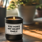 Duftkerze mit Spruch – You make my heart smile – liebevolles Geschenk, handgemachte Sojakerze im Glas, nachhaltig, optional mit personalisiertem Bambusdeckel