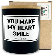 Duftkerze mit Spruch – You make my heart smile – liebevolles Geschenk, handgemachte Sojakerze im Glas, nachhaltig, optional mit personalisiertem Bambusdeckel
