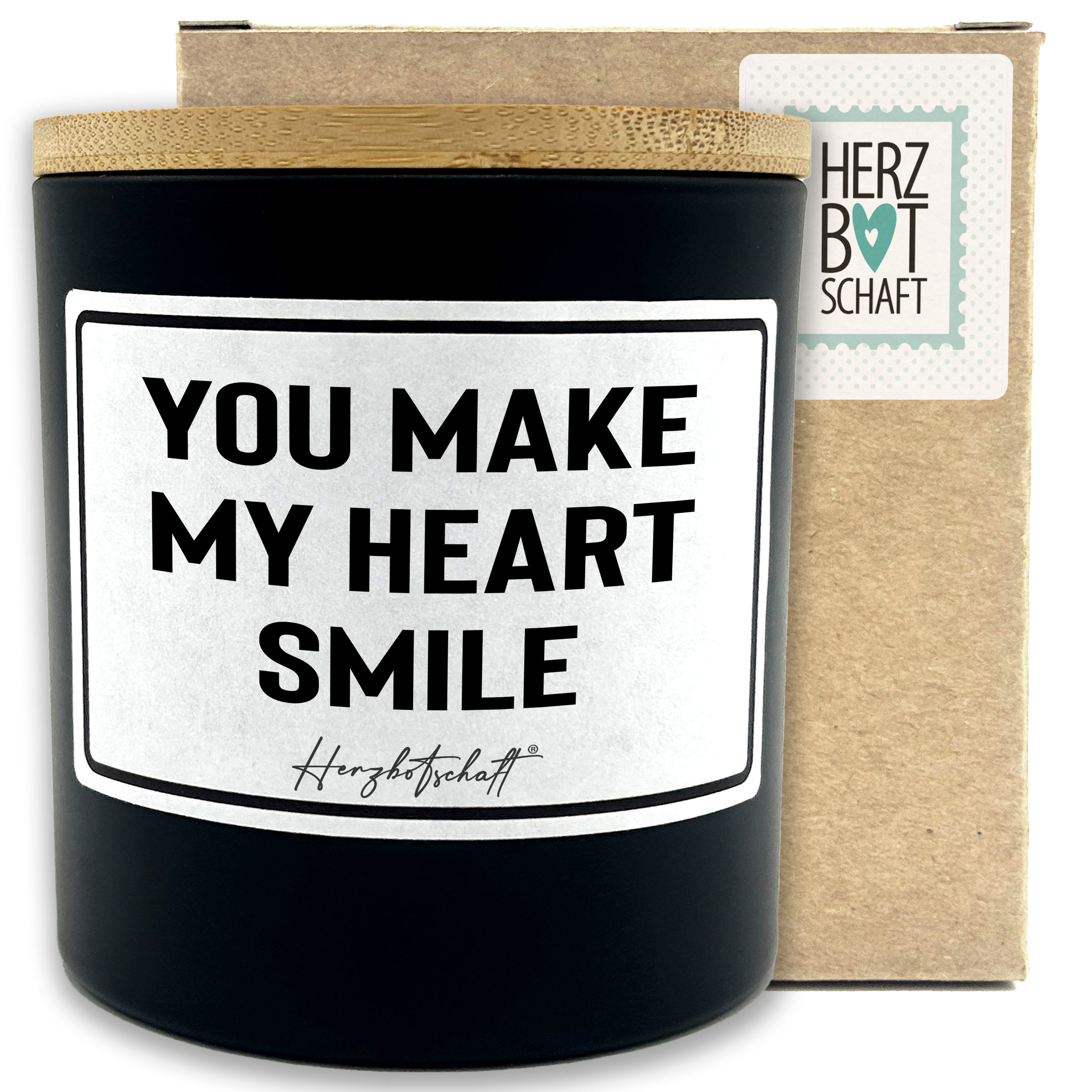 Duftkerze mit Spruch – You make my heart smile – liebevolles Geschenk, handgemachte Sojakerze im Glas, nachhaltig, optional mit personalisiertem Bambusdeckel
