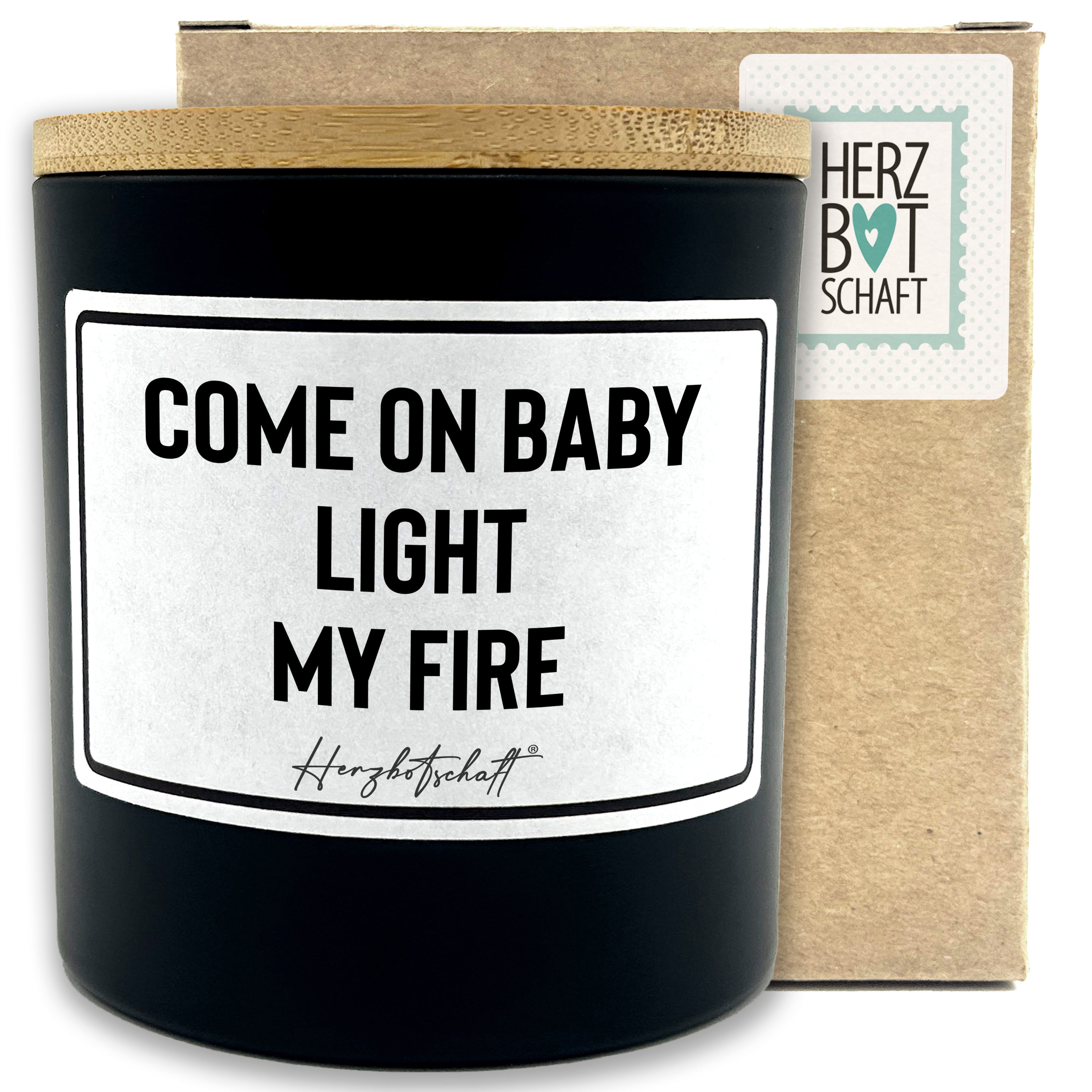 Duftkerze mit Spruch – Come on baby light my fire – liebevolles Geschenk, handgemachte Sojakerze im Glas, nachhaltig, optional mit personalisiertem Bambusdeckel