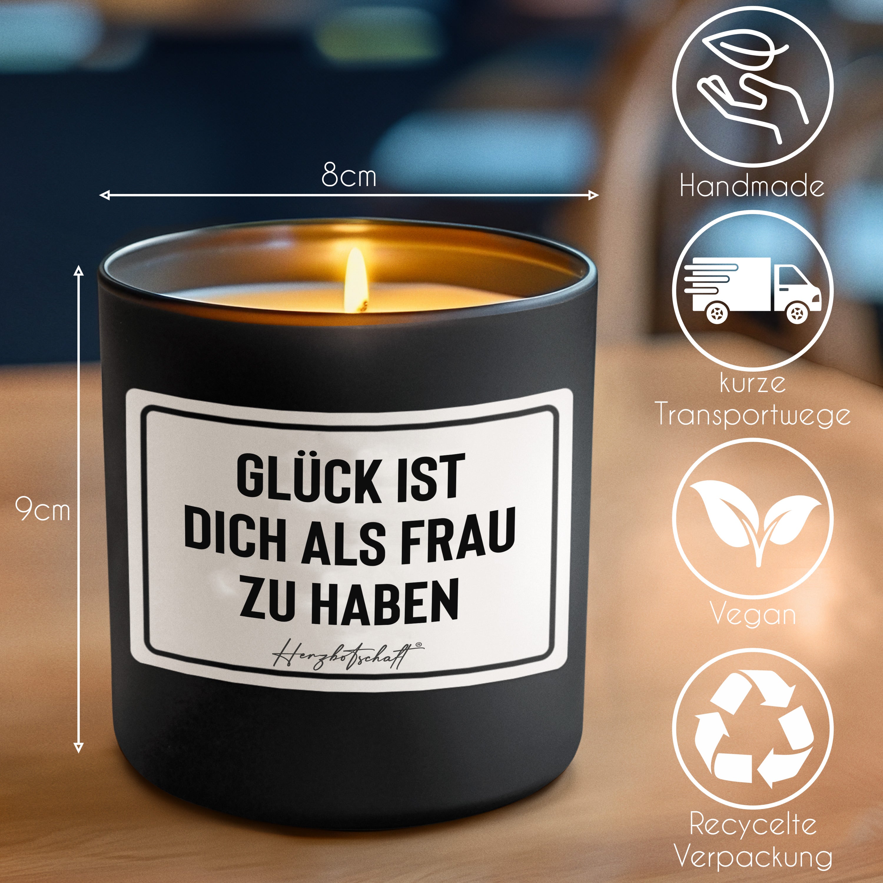 Duftkerze mit Spruch – Glück ist dich als Frau zu haben – liebevolles Geschenk, handgemachte Sojakerze im Glas, nachhaltig, optional mit personalisiertem Bambusdeckel