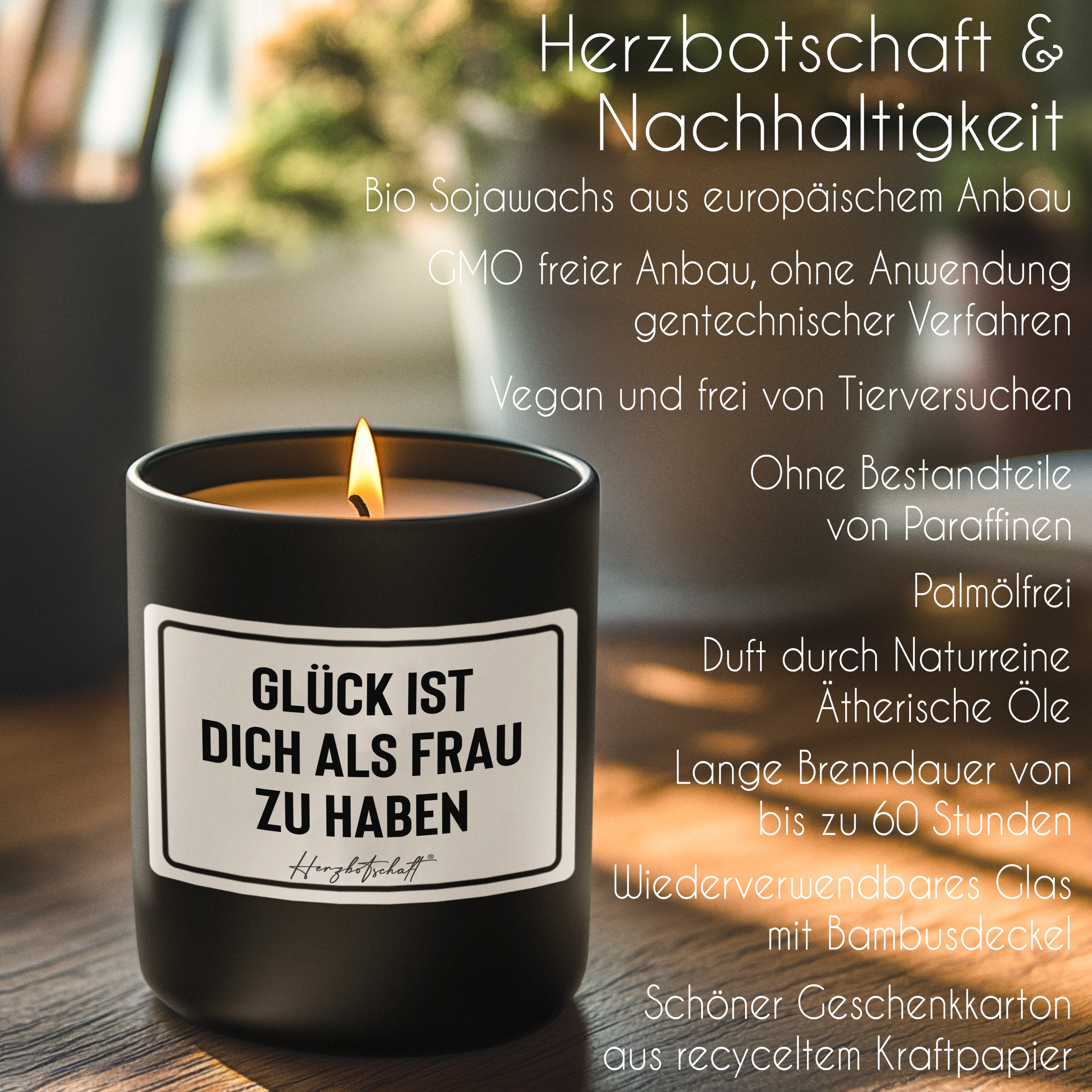 Duftkerze mit Spruch – Glück ist dich als Frau zu haben – liebevolles Geschenk, handgemachte Sojakerze im Glas, nachhaltig, optional mit personalisiertem Bambusdeckel