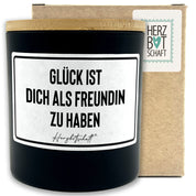Duftkerze mit Spruch – Glück ist dich als Freundin zu haben – liebevolles Geschenk, handgemachte Sojakerze im Glas, nachhaltig, optional mit personalisiertem Bambusdeckel