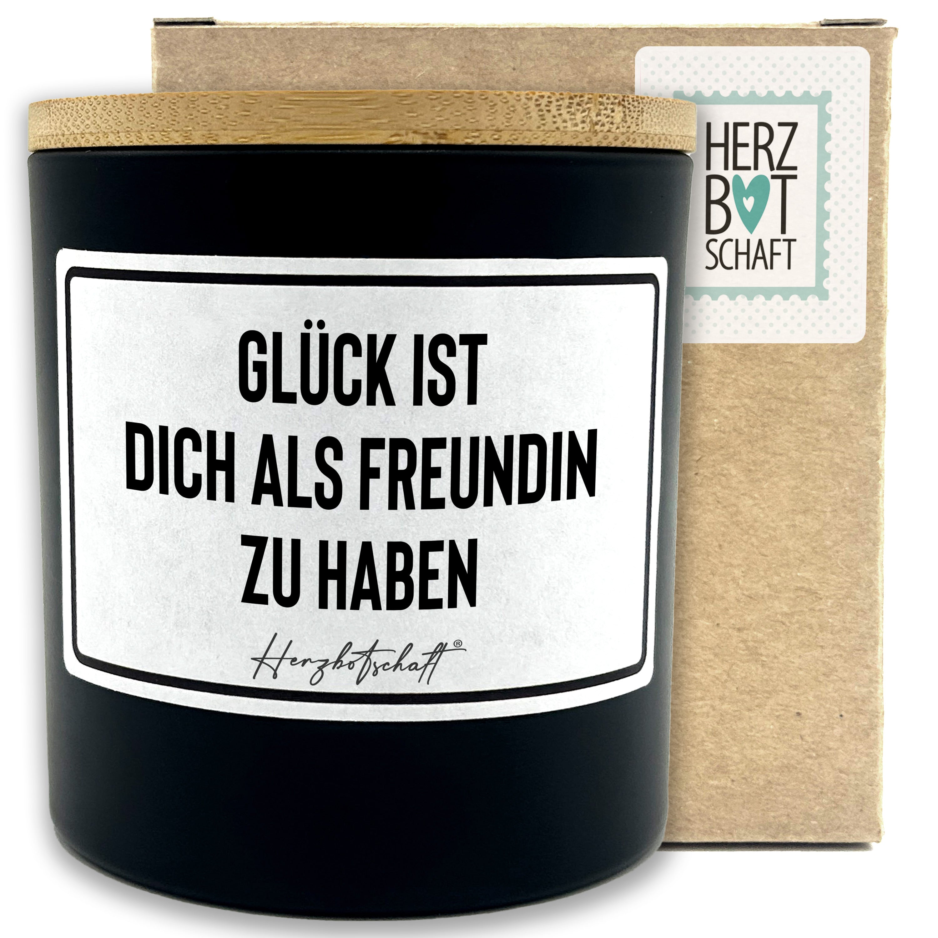 Duftkerze mit Spruch – Glück ist dich als Freundin zu haben – liebevolles Geschenk, handgemachte Sojakerze im Glas, nachhaltig, optional mit personalisiertem Bambusdeckel