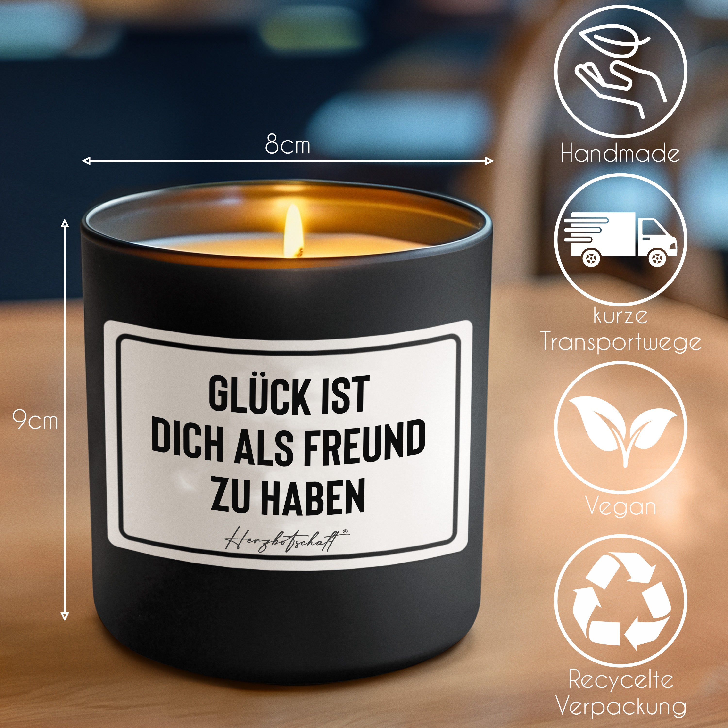 Duftkerze mit Spruch – Glück ist dich als Freund zu haben – liebevolles Geschenk, handgemachte Sojakerze im Glas, nachhaltig, optional mit personalisiertem Bambusdeckel