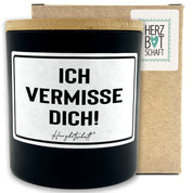 Duftkerze mit Spruch – Ich vermisse dich! – liebevolles Geschenk, handgemachte Sojakerze im Glas, nachhaltig, optional mit personalisiertem Bambusdeckel