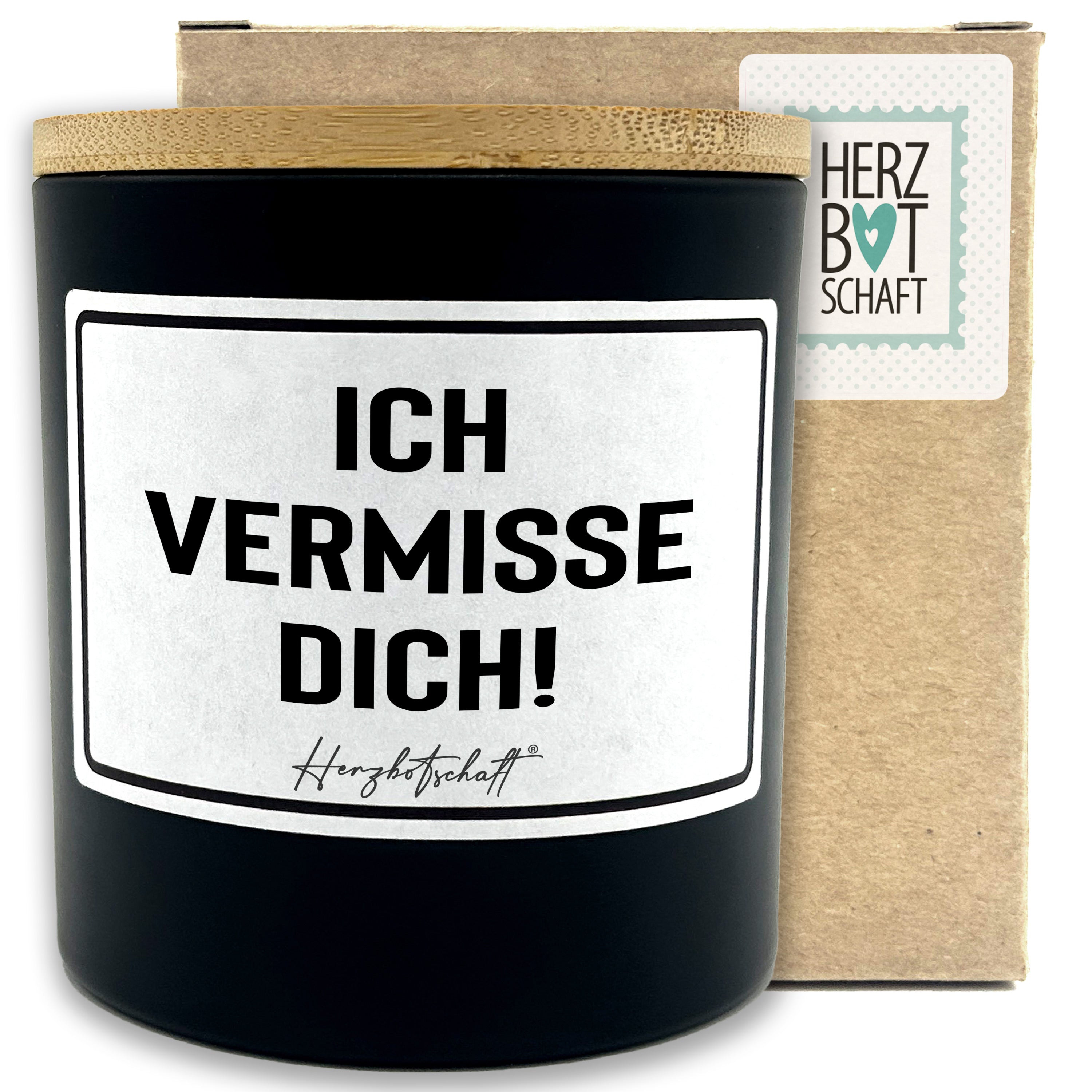 Duftkerze mit Spruch – Ich vermisse dich! – liebevolles Geschenk, handgemachte Sojakerze im Glas, nachhaltig, optional mit personalisiertem Bambusdeckel