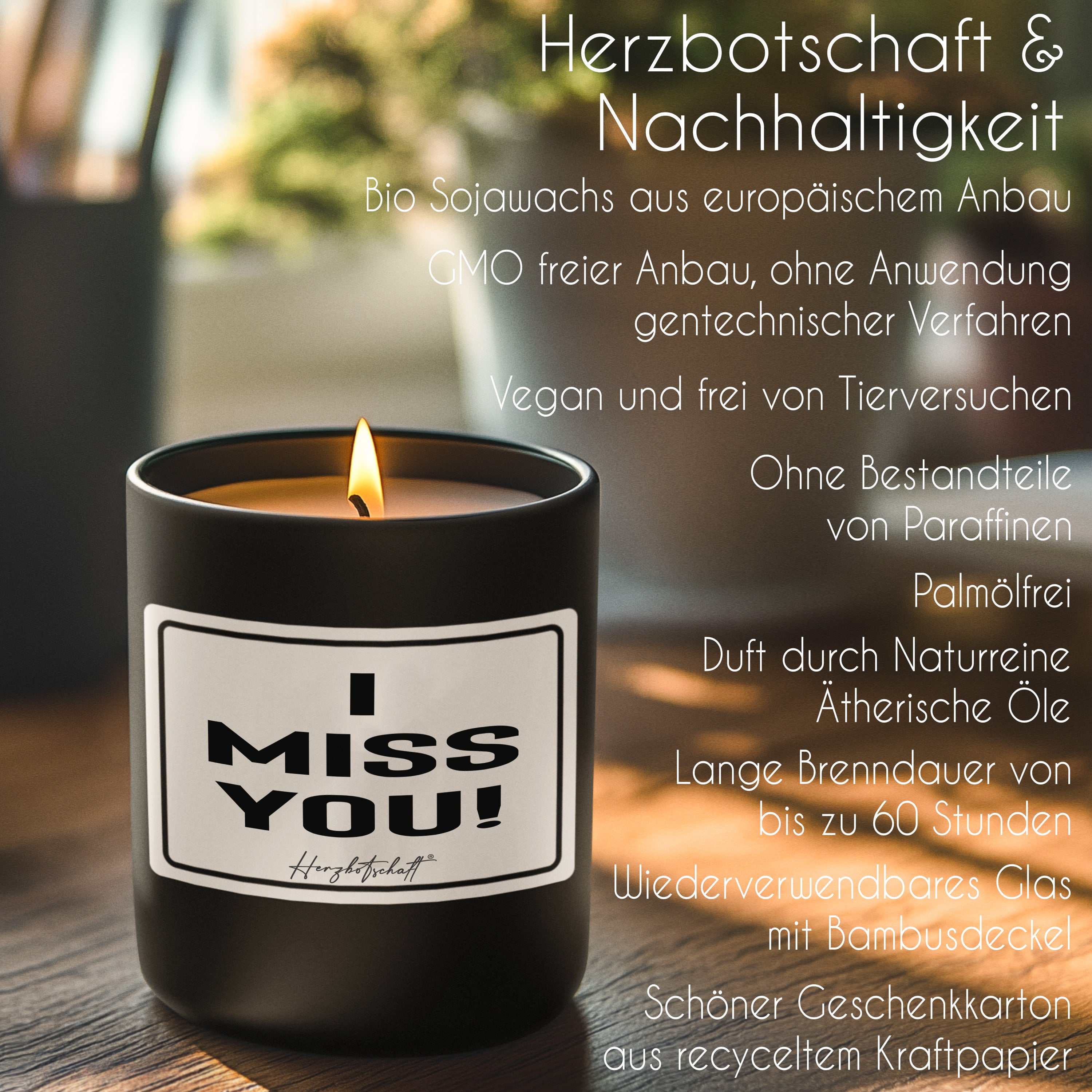 Duftkerze mit Spruch – I miss you! – liebevolles Geschenk, handgemachte Sojakerze im Glas, nachhaltig, optional mit personalisiertem Bambusdeckel