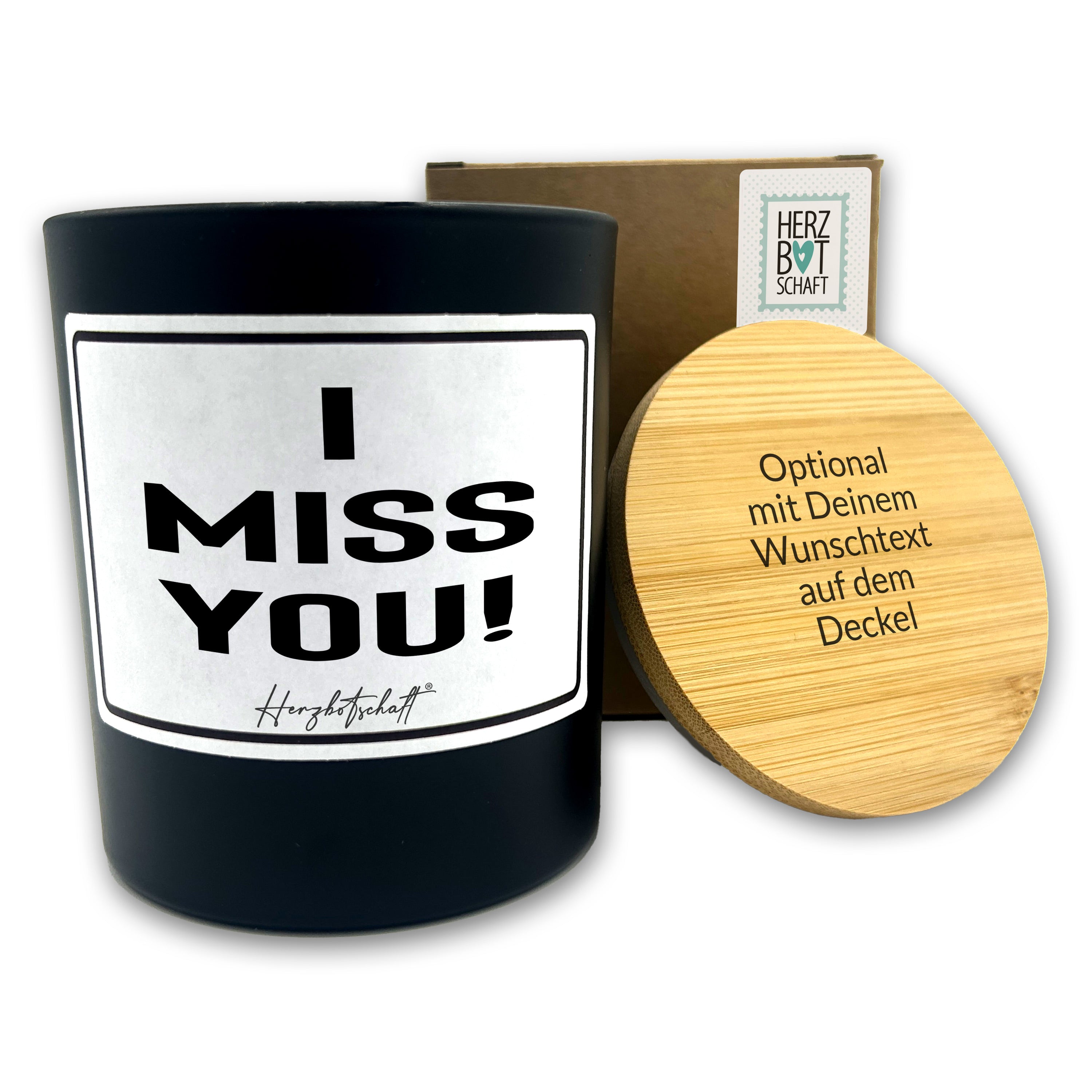 Duftkerze mit Spruch – I miss you! – liebevolles Geschenk, handgemachte Sojakerze im Glas, nachhaltig, optional mit personalisiertem Bambusdeckel