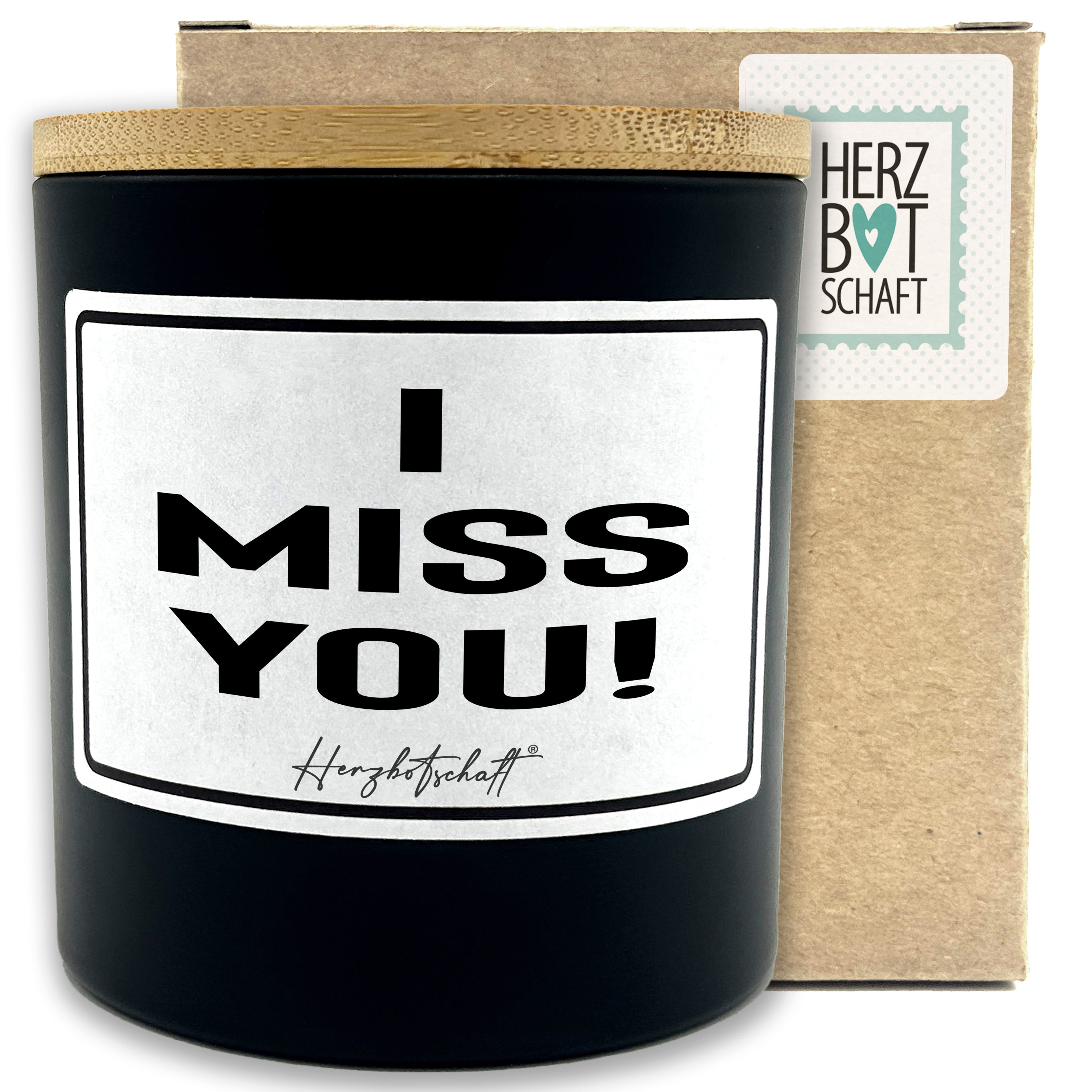 Duftkerze mit Spruch – I miss you! – liebevolles Geschenk, handgemachte Sojakerze im Glas, nachhaltig, optional mit personalisiertem Bambusdeckel