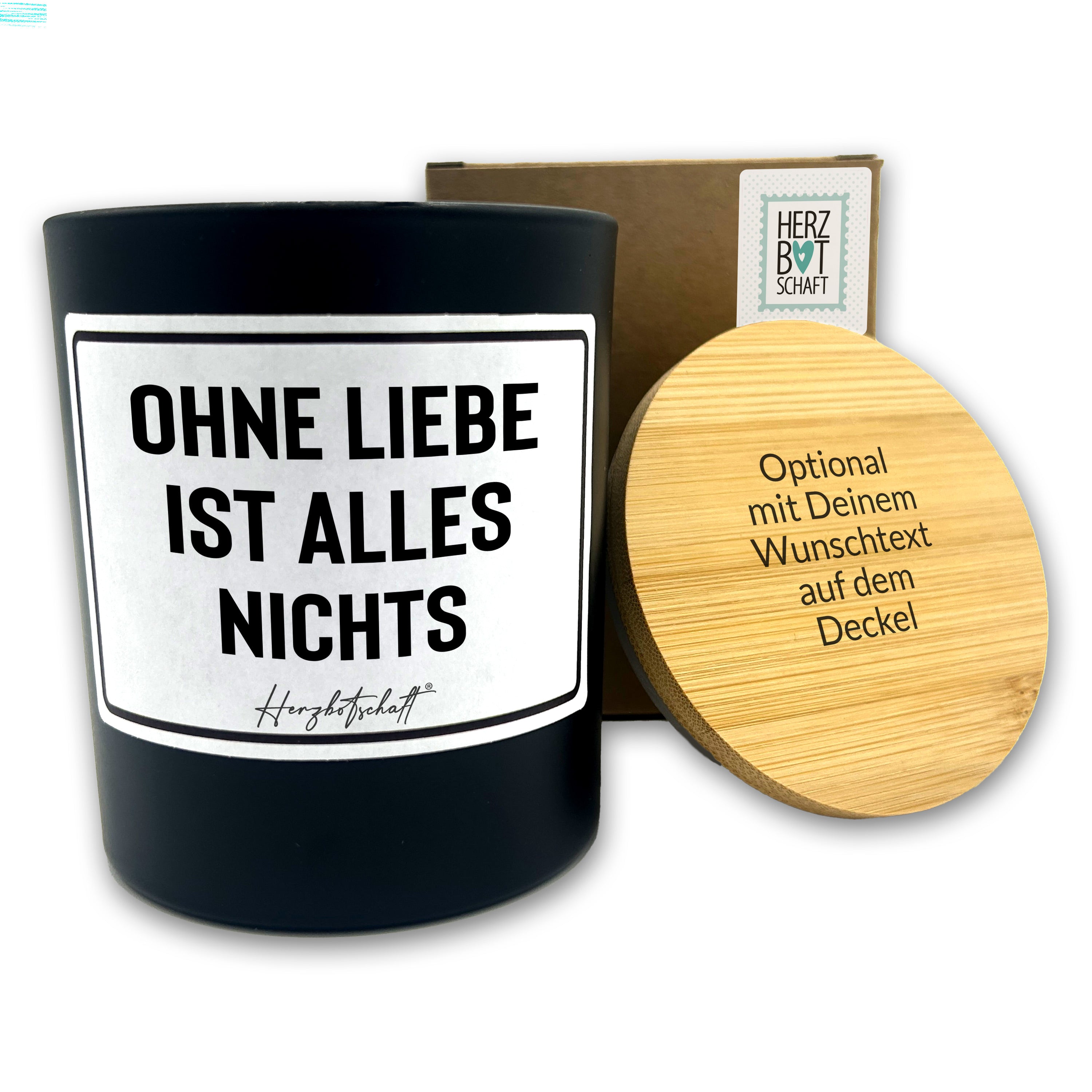 Duftkerze mit Spruch – Ohne Liebe ist alles nichts – liebevolles Geschenk, handgemachte Sojakerze im Glas, nachhaltig, optional mit personalisiertem Bambusdeckel