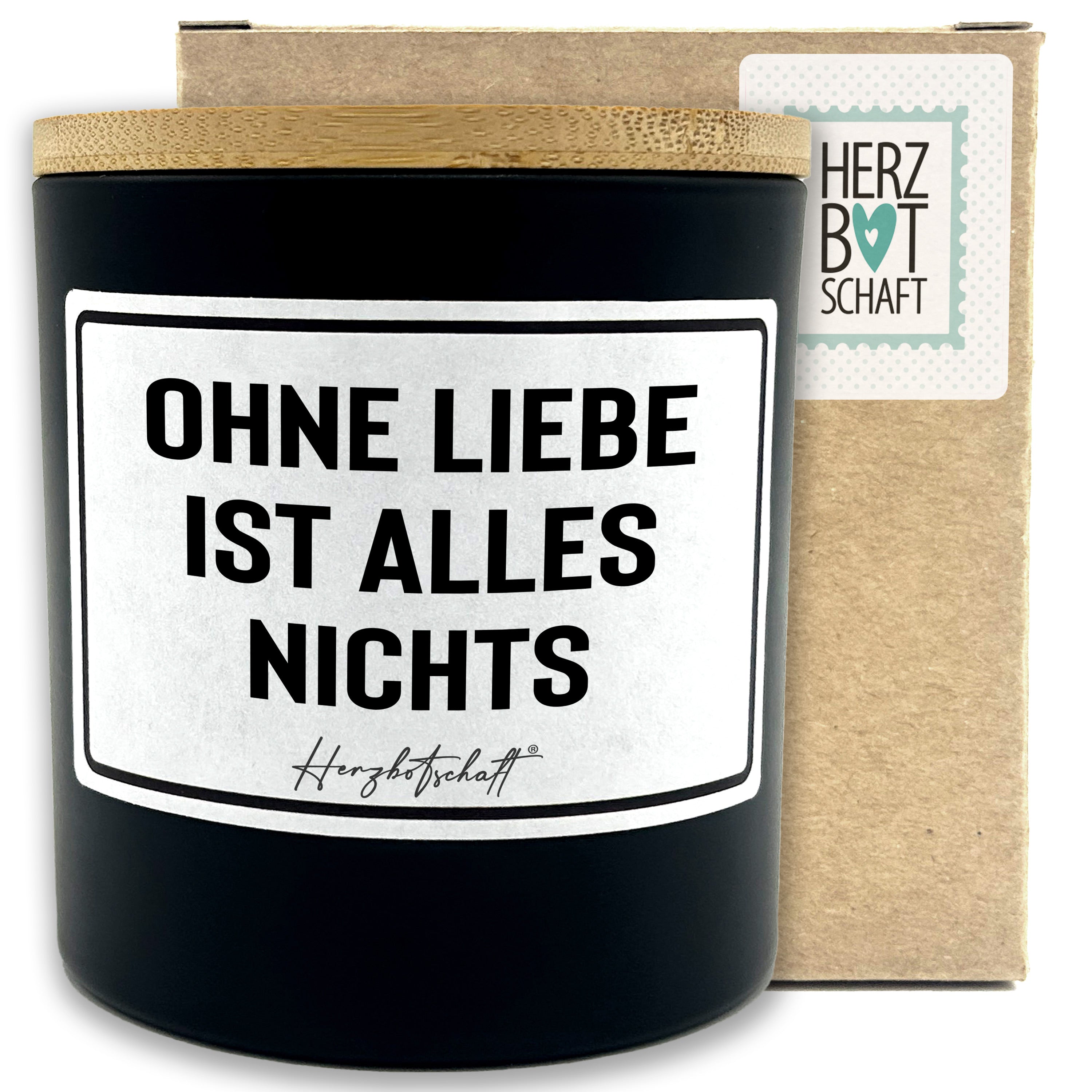 Duftkerze mit Spruch – Ohne Liebe ist alles nichts – liebevolles Geschenk, handgemachte Sojakerze im Glas, nachhaltig, optional mit personalisiertem Bambusdeckel