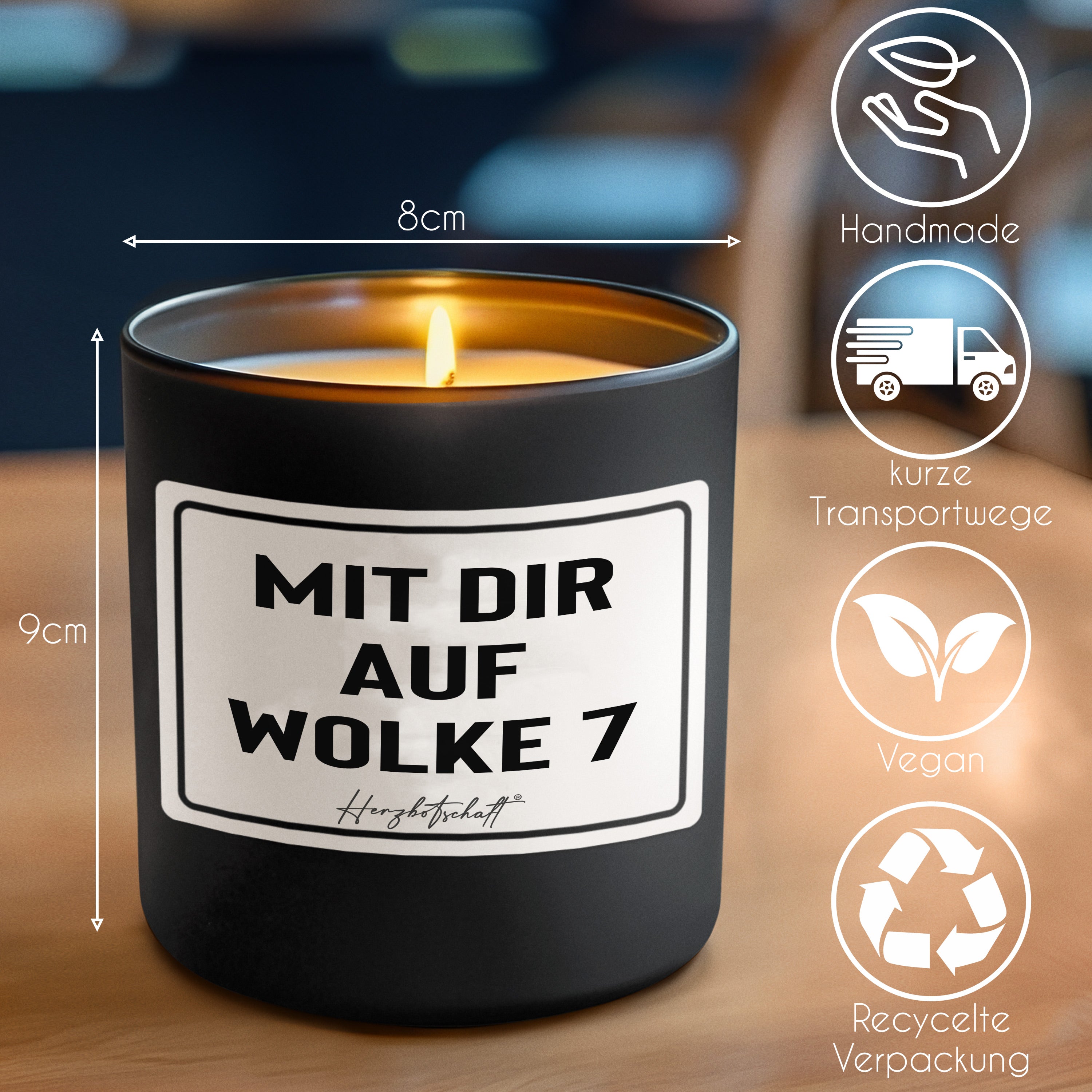 Duftkerze mit Spruch – Mit dir auf Wolke 7 – liebevolles Geschenk, handgemachte Sojakerze im Glas, nachhaltig, optional mit personalisiertem Bambusdeckel