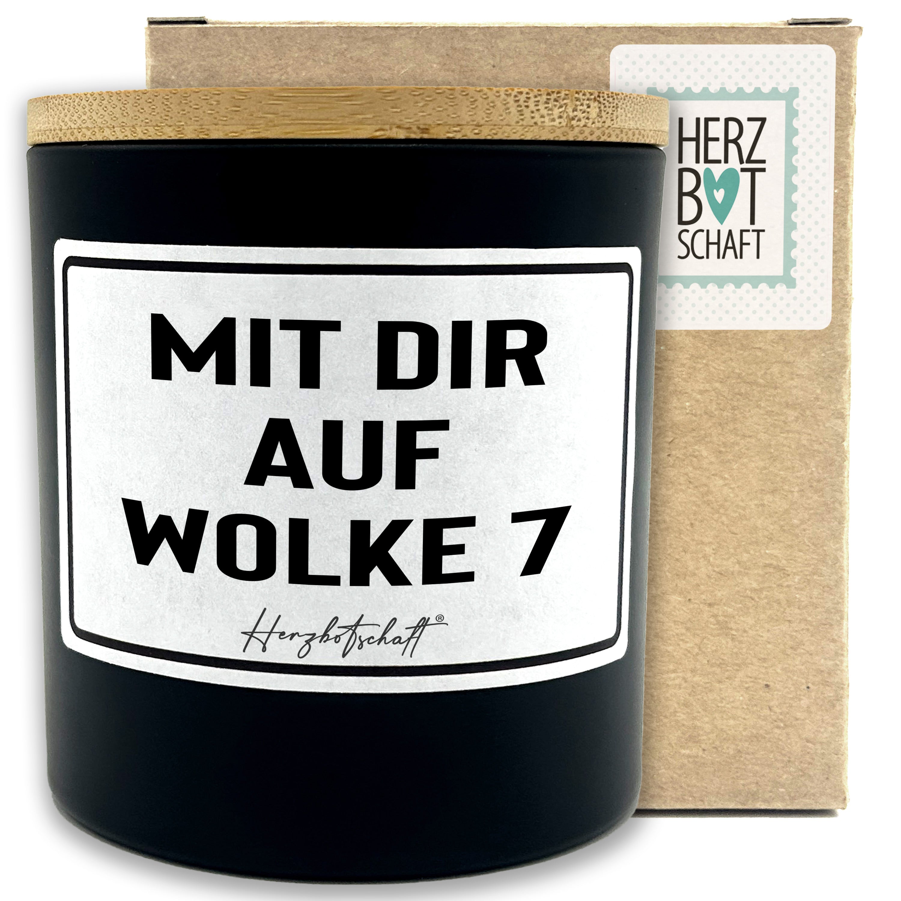 Duftkerze mit Spruch – Mit dir auf Wolke 7 – liebevolles Geschenk, handgemachte Sojakerze im Glas, nachhaltig, optional mit personalisiertem Bambusdeckel