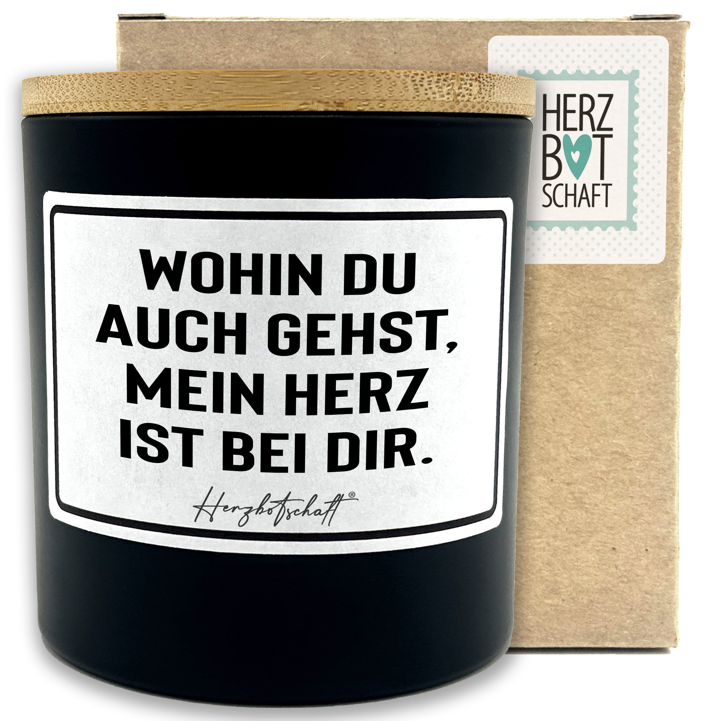 Duftkerze mit Spruch – Wohin du auch gehst, mein Herz ist bei dir. – liebevolles Geschenk, handgemachte Sojakerze im Glas, nachhaltig, optional mit personalisiertem Bambusdeckel