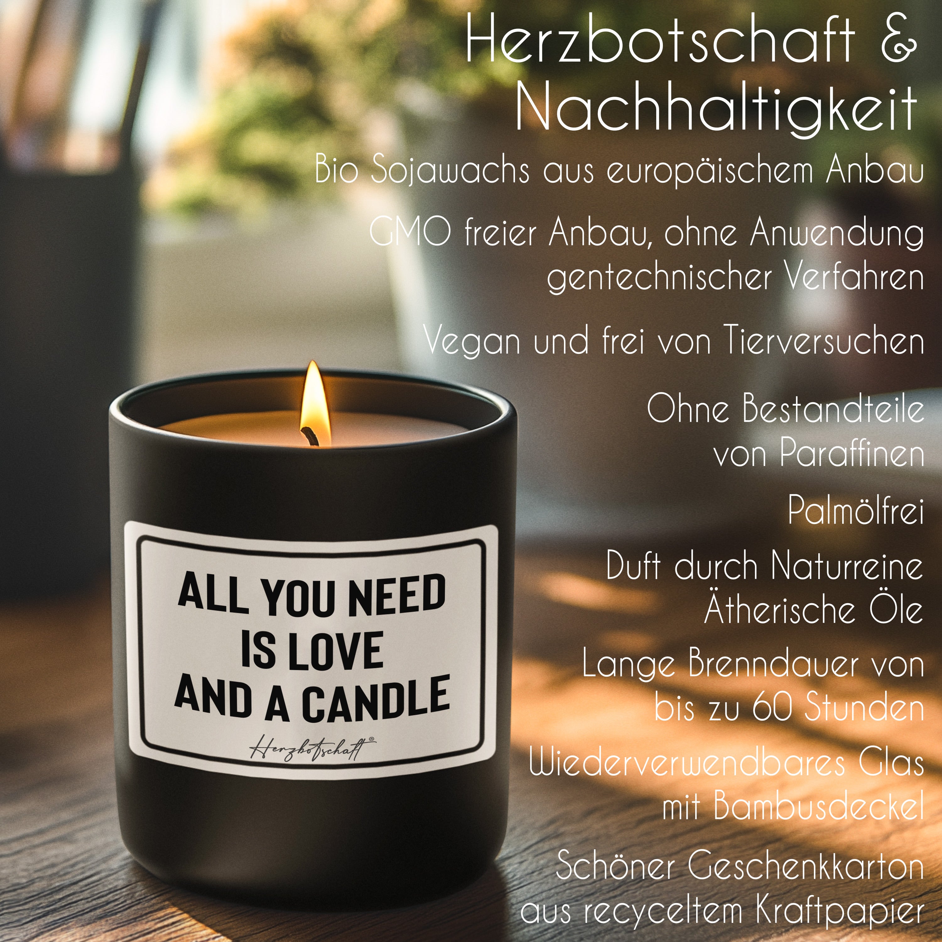 Duftkerze mit Spruch – All you need is love and a candle – liebevolles Geschenk, handgemachte Sojakerze im Glas, nachhaltig, optional mit personalisiertem Bambusdeckel