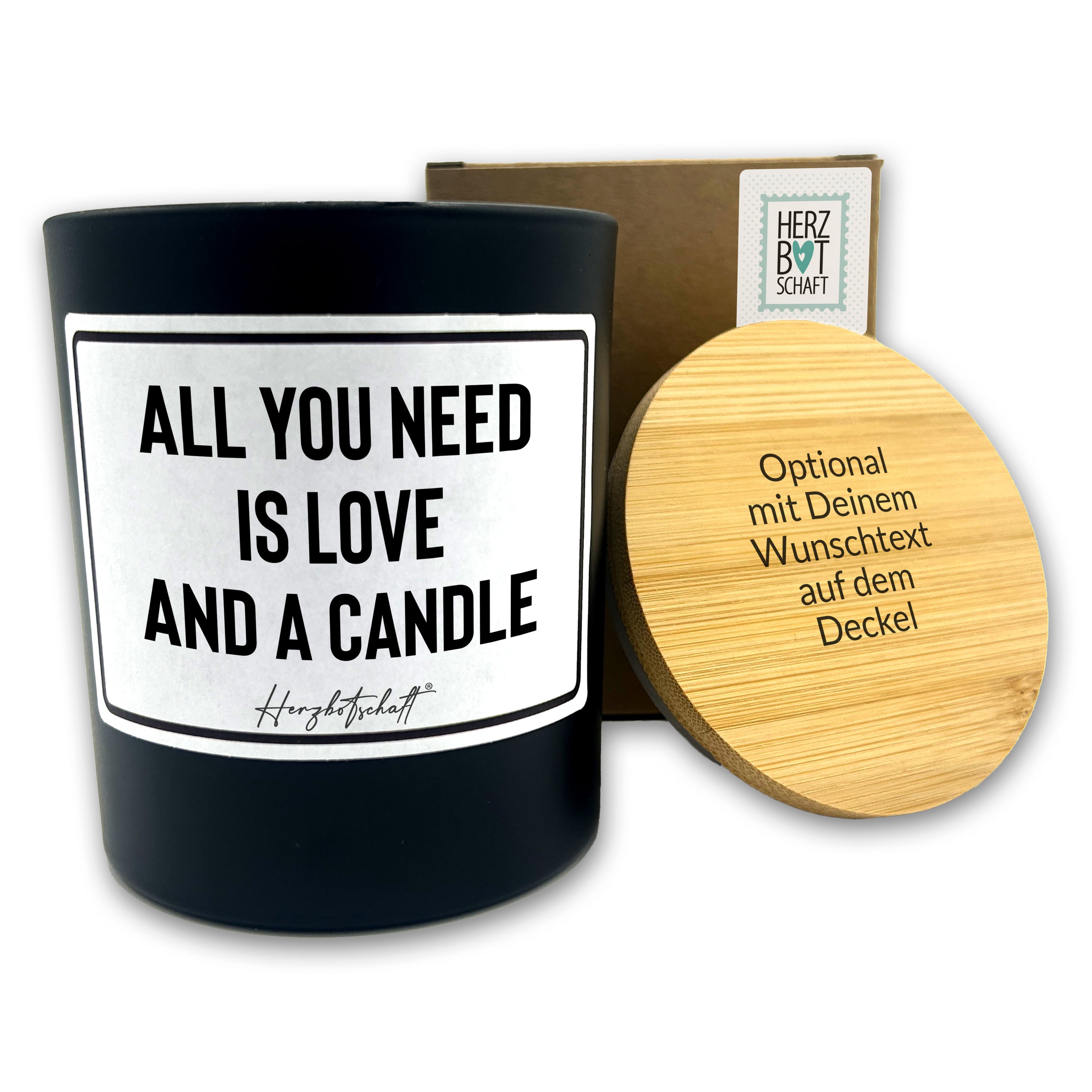 Duftkerze mit Spruch – All you need is love and a candle – liebevolles Geschenk, handgemachte Sojakerze im Glas, nachhaltig, optional mit personalisiertem Bambusdeckel