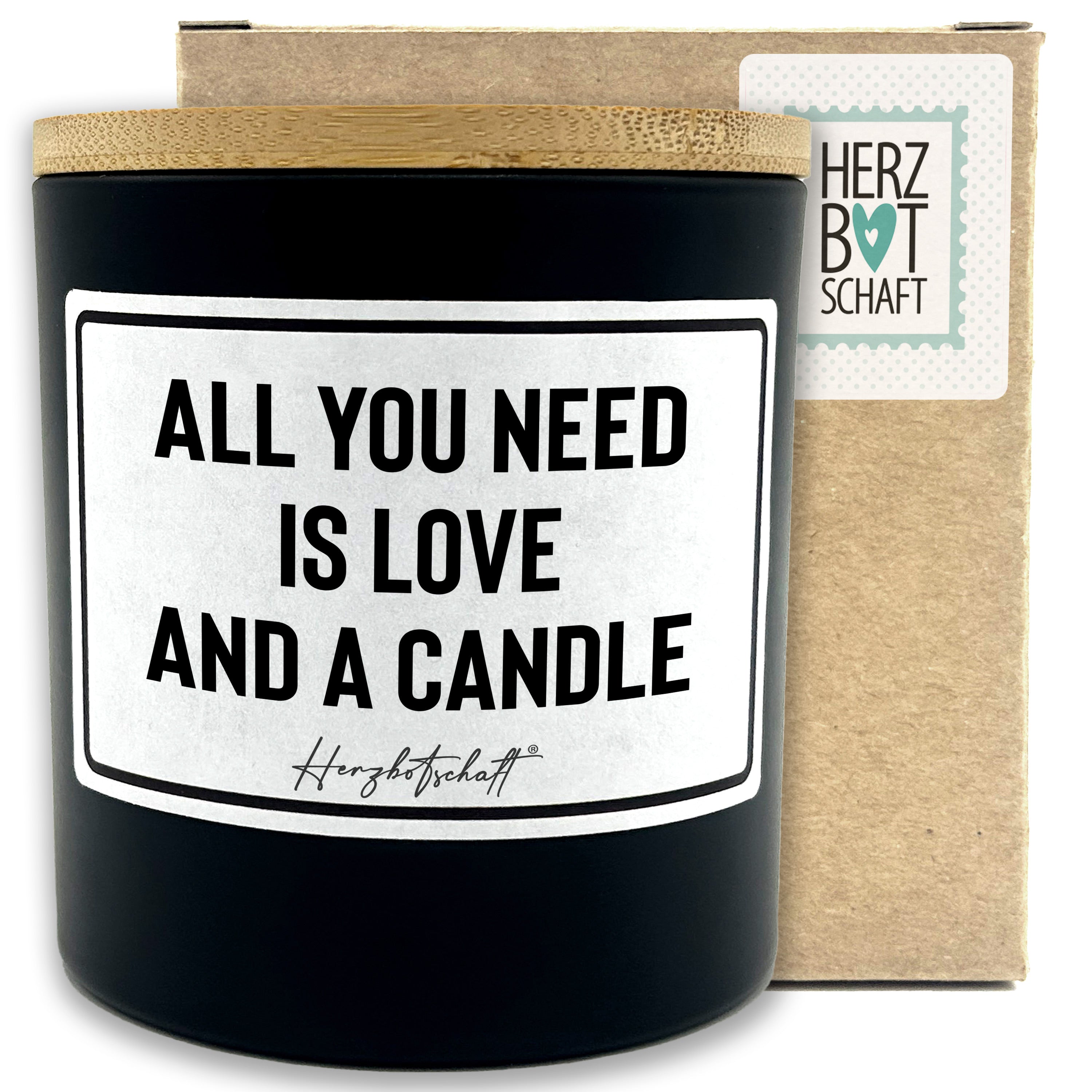Duftkerze mit Spruch – All you need is love and a candle – liebevolles Geschenk, handgemachte Sojakerze im Glas, nachhaltig, optional mit personalisiertem Bambusdeckel